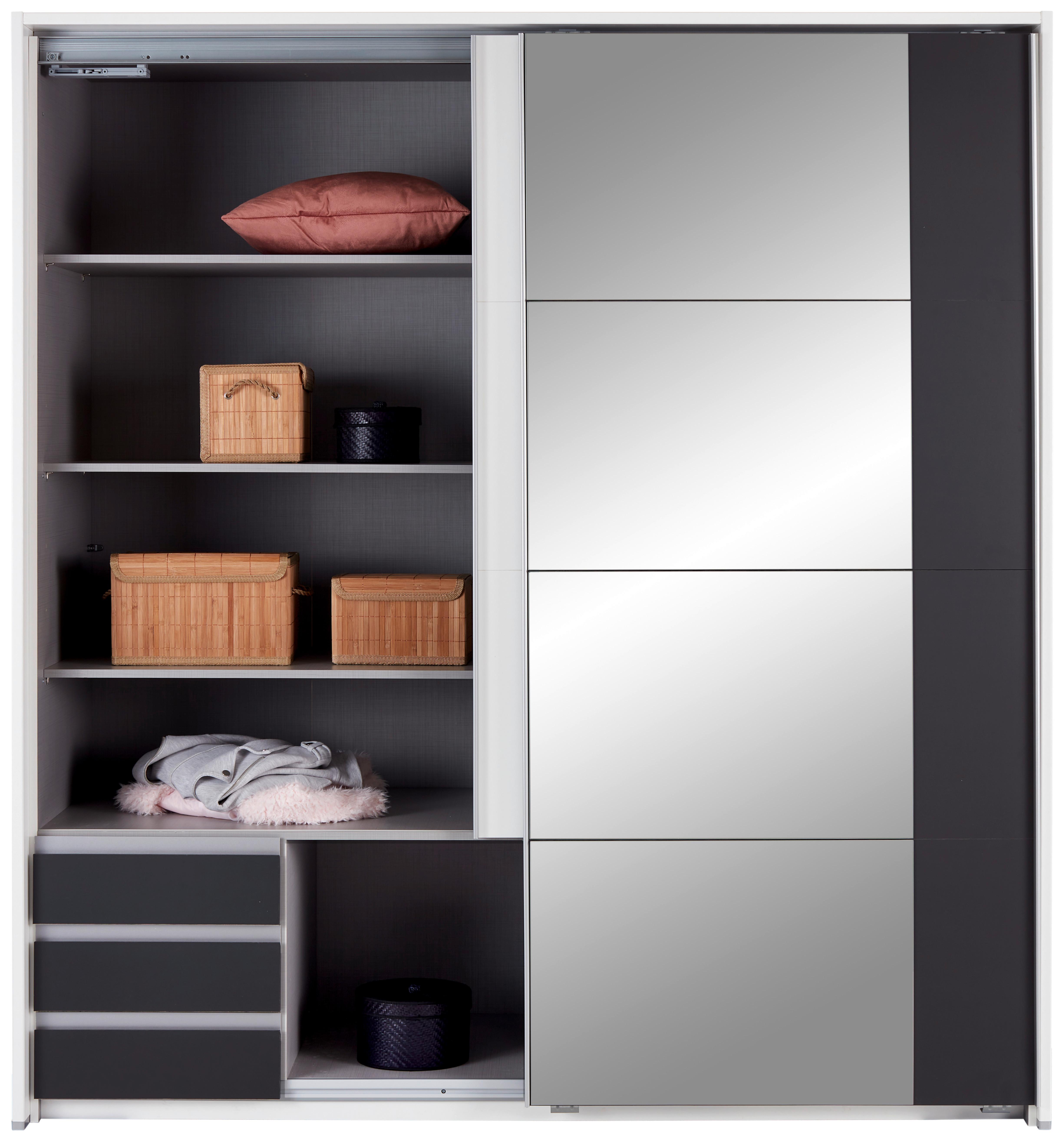 Schwebtürenschrank mit Laden + Spiegel 180 cm Emden, Weiß - Graphitfarben/Weiß, MODERN, Holzwerkstoff (180/198/64cm)