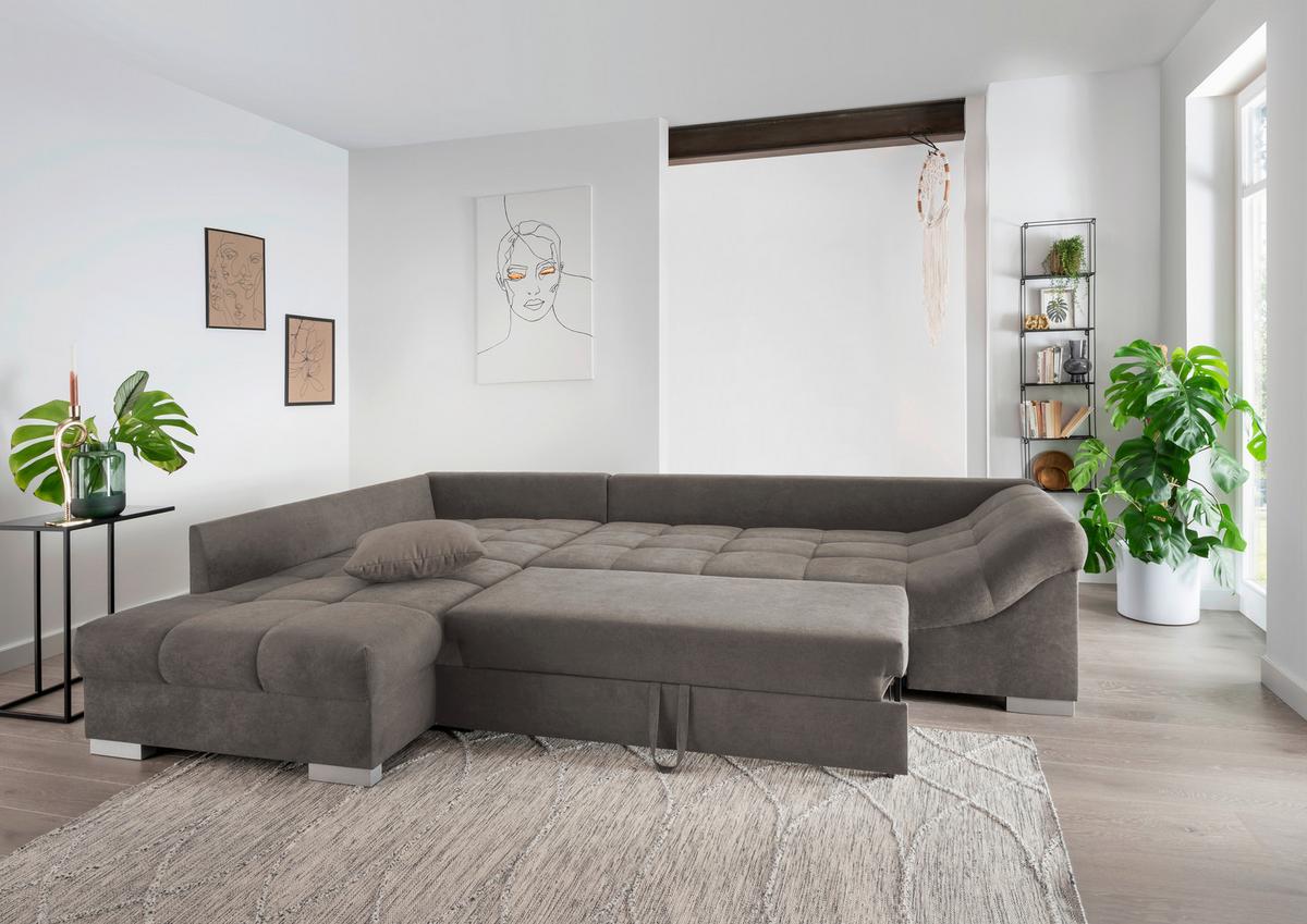 Eckschlafsofa Alvito Graubraun S: 202/298 cm - Graubraun/Silberfarben, Design, Textil (202/298cm) - MID.YOU