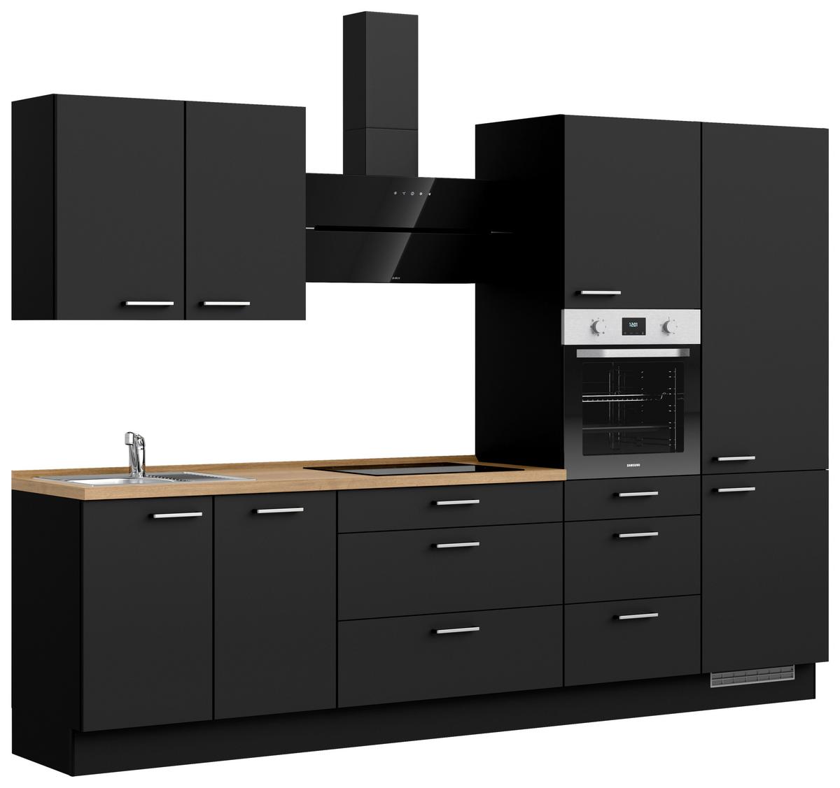 Kuchyňská linka 300 cm, černá matná/ barva dub - černá/barvy dubu, Moderní, kov/kompozitní dřevo (300cm) - Nobilia