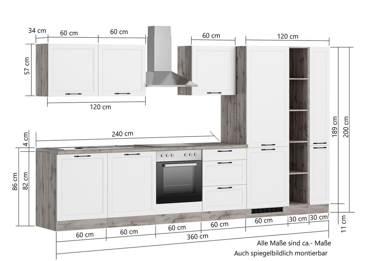 Küchenzeile Meran mit Geräten B: 360cm Weiß/Eiche Dekor - Eiche Wotan/Weiß, LIFESTYLE, Holzwerkstoff (360cm) - Held