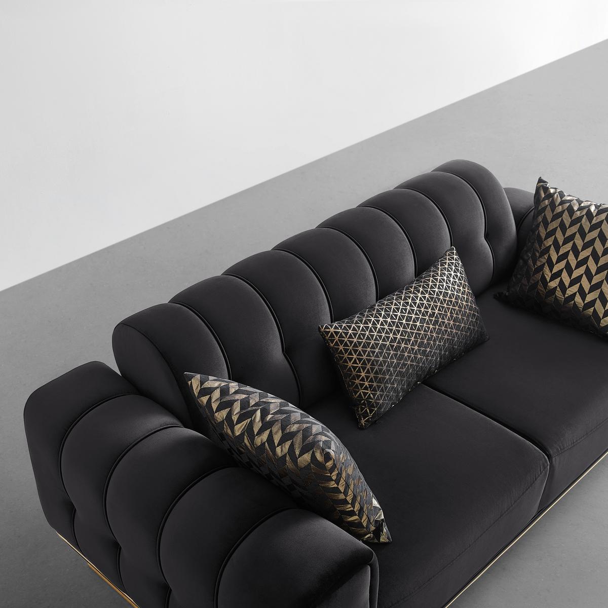 Dvojmiestna pohovka AILE, čierny zamat, s vankúšmi - čierna/zlatá, Lifestyle, textil (190/80/90cm) - Mömax