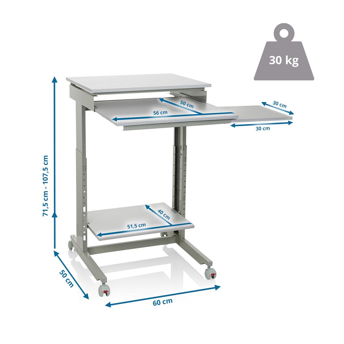 Schreibtisch B 50cm H 71,5 - 107,5cm Workstation - Grau, Basics, Holzwerkstoff/Kunststoff (60/71,5-107,5/50cm) - MID.YOU