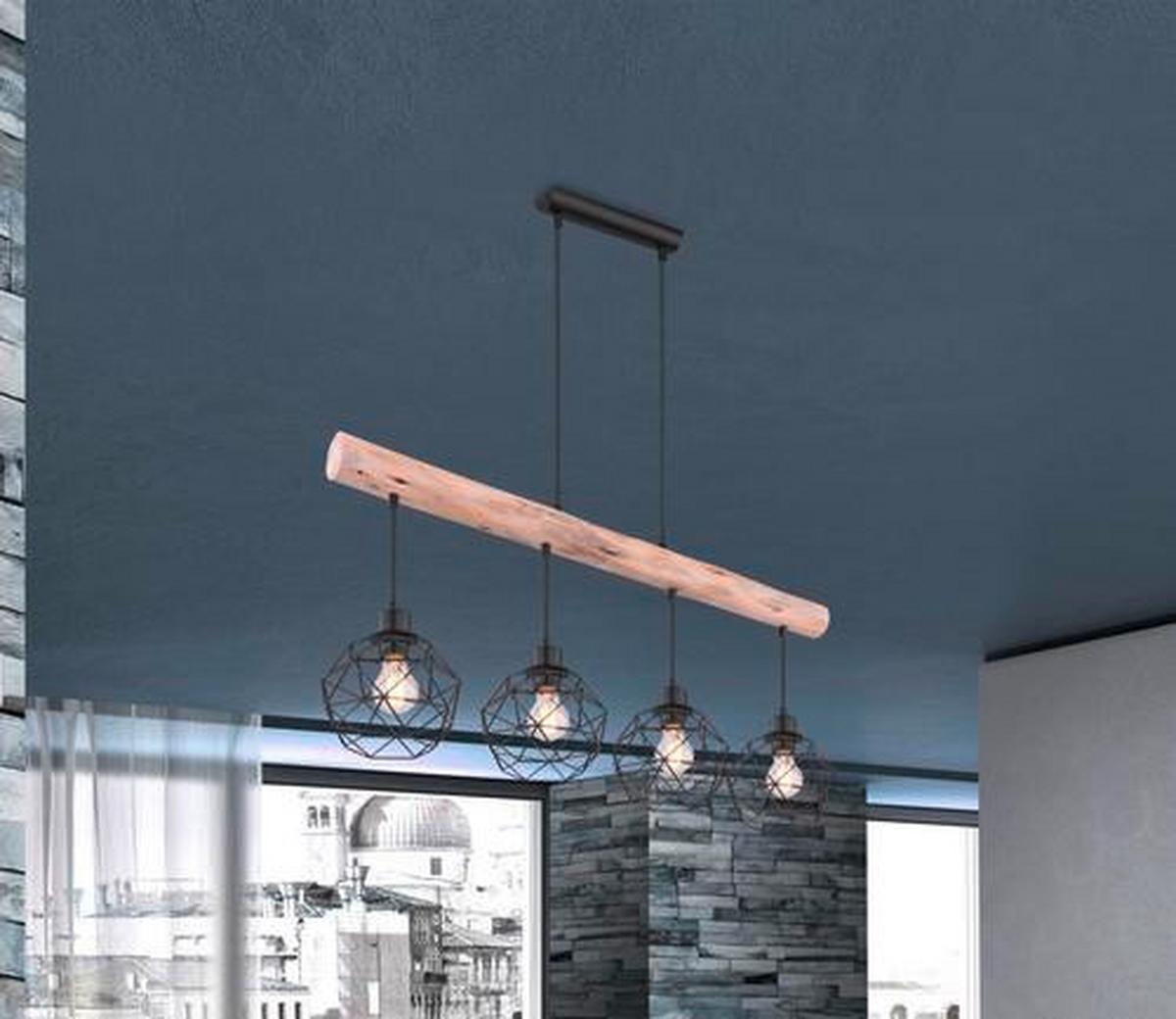 Hängeleuchte Theodor H: 120 Cm 4-Flammig - Schwarz/Naturfarben, Natur, Holz/Metall (85/18cm) - Globo