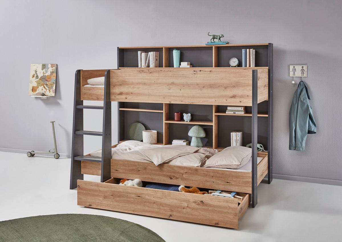 Etagenbett Sely, Eiche Dekor, Anthrazit, Lf: 90x200 cm - Anthrazit/Eiche Artisan, KONVENTIONELL, Holzwerkstoff (209/168/128cm)