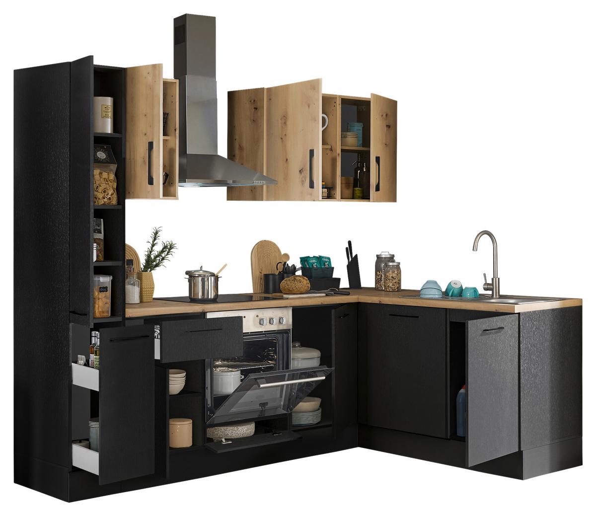 Eckküche Turin Schwarz/Eiche Dekor 250x175 cm - Schwarz/Eiche Artisan, Basics, Holzwerkstoff (250/175cm) - MID.YOU