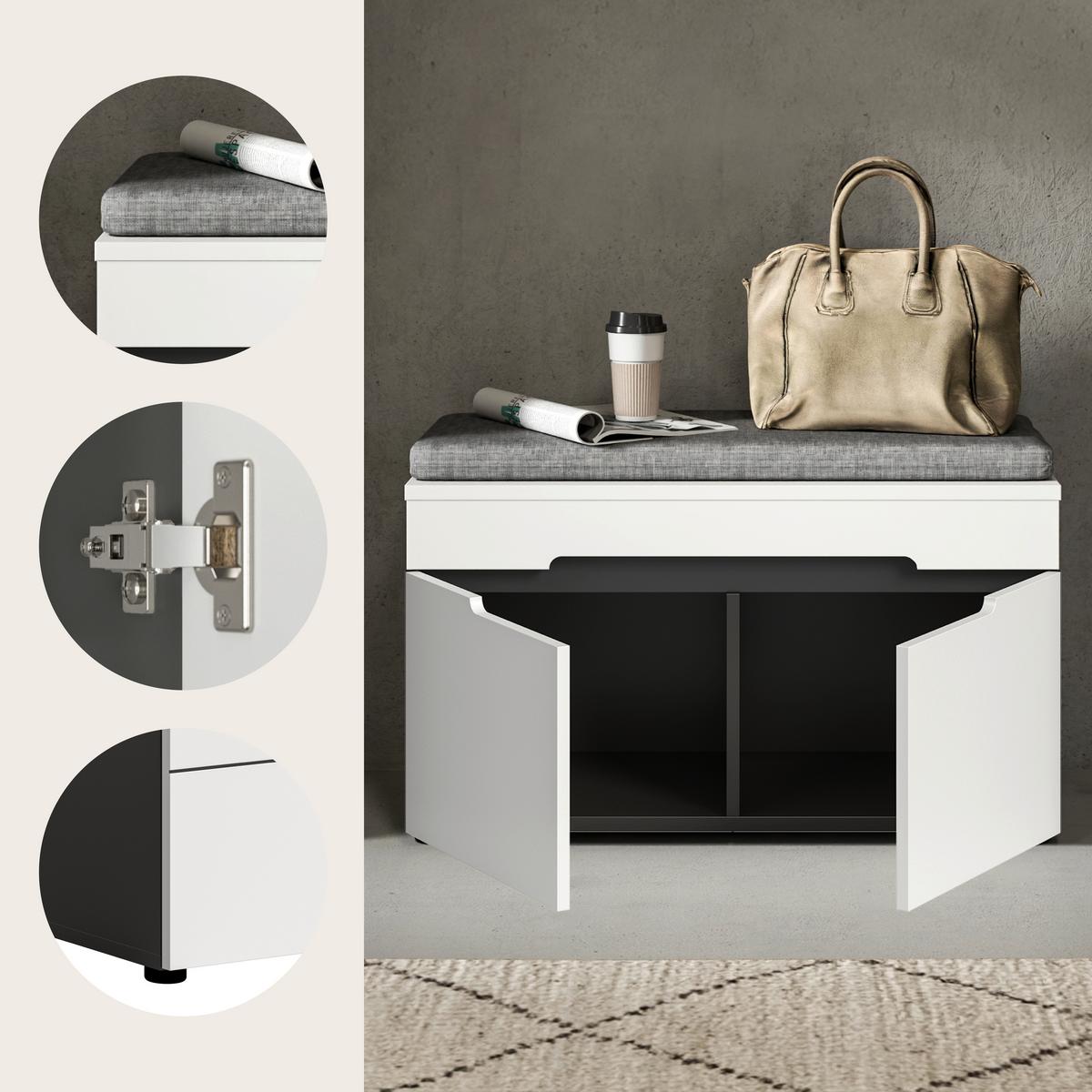 Sitzbank Canu Grau/Weiß B: 80 cm - Schwarz/Weiß, Design, Holzwerkstoff/Textil (80/45/37cm) - Livetastic