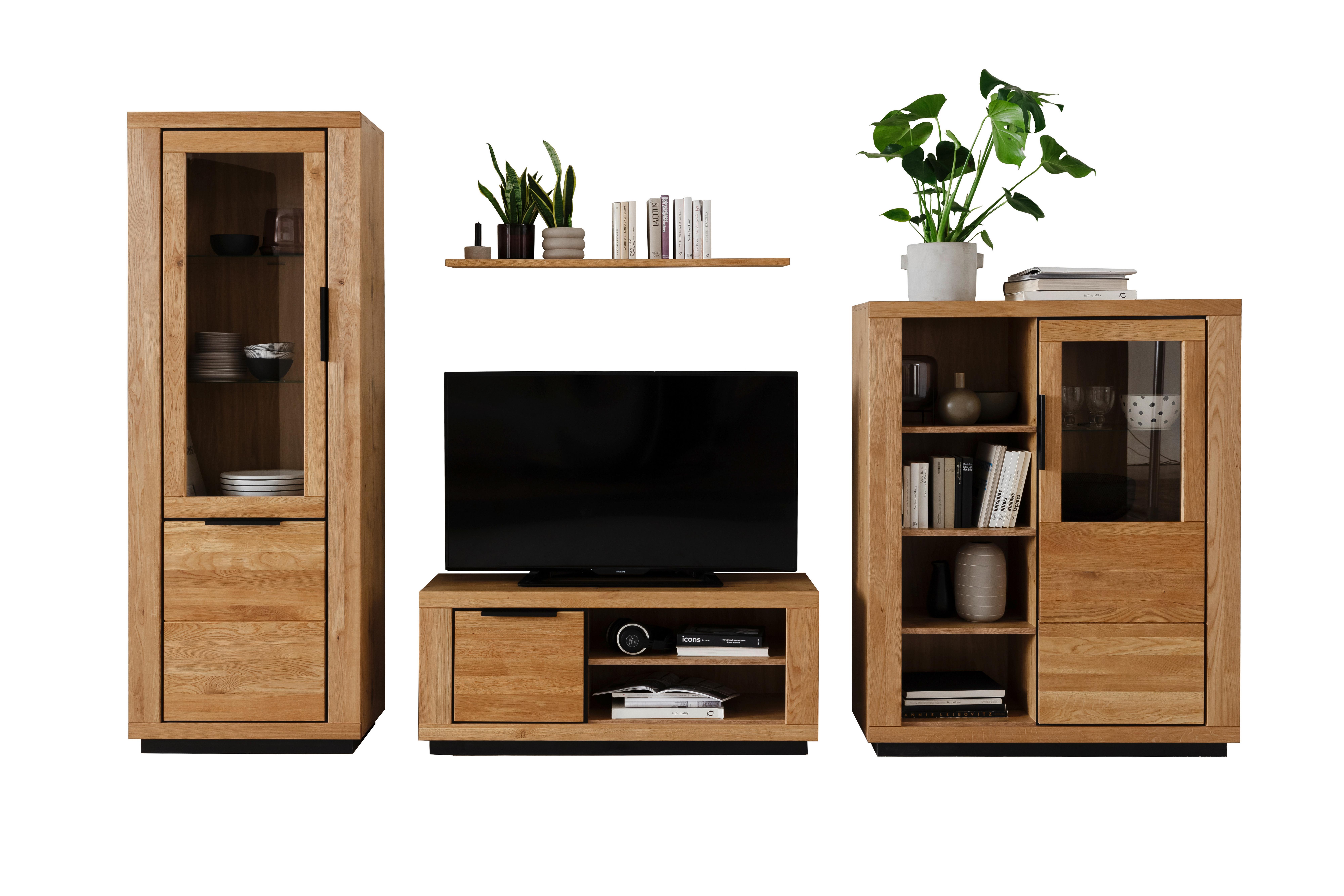 Wohnwand Wildeiche, B: 346 cm - Wildeiche/Schwarz, Design, Glas/Holz (346/200/54cm) - MID.YOU