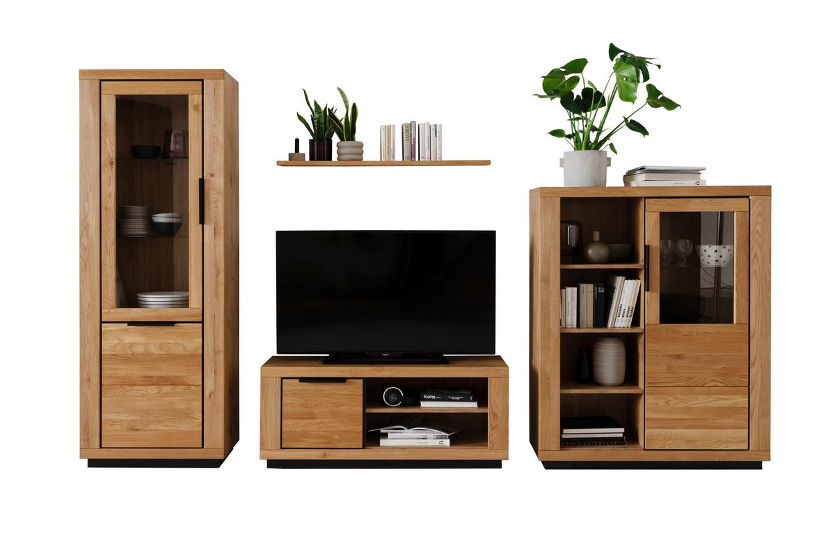 Wohnwand Wildeiche, B: 346 cm - Wildeiche/Schwarz, Design, Glas/Holz (346/200/54cm) - MID.YOU