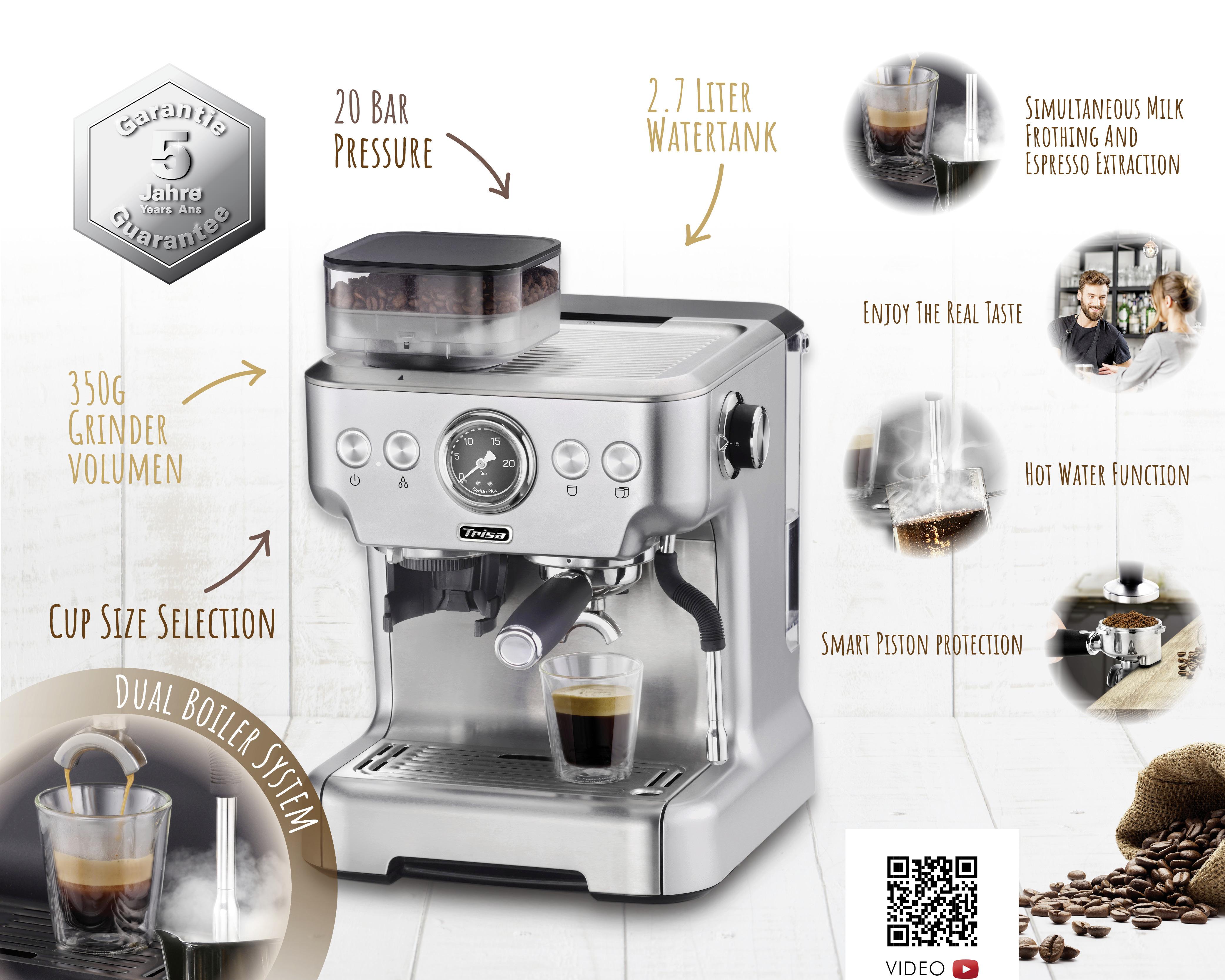 Espressomaschine Barista Plus 20 Bar 2,7 L Für 2 Tassen - Silberfarben, Basics, Metall (32,5/41/28cm) - Trisa Electronics