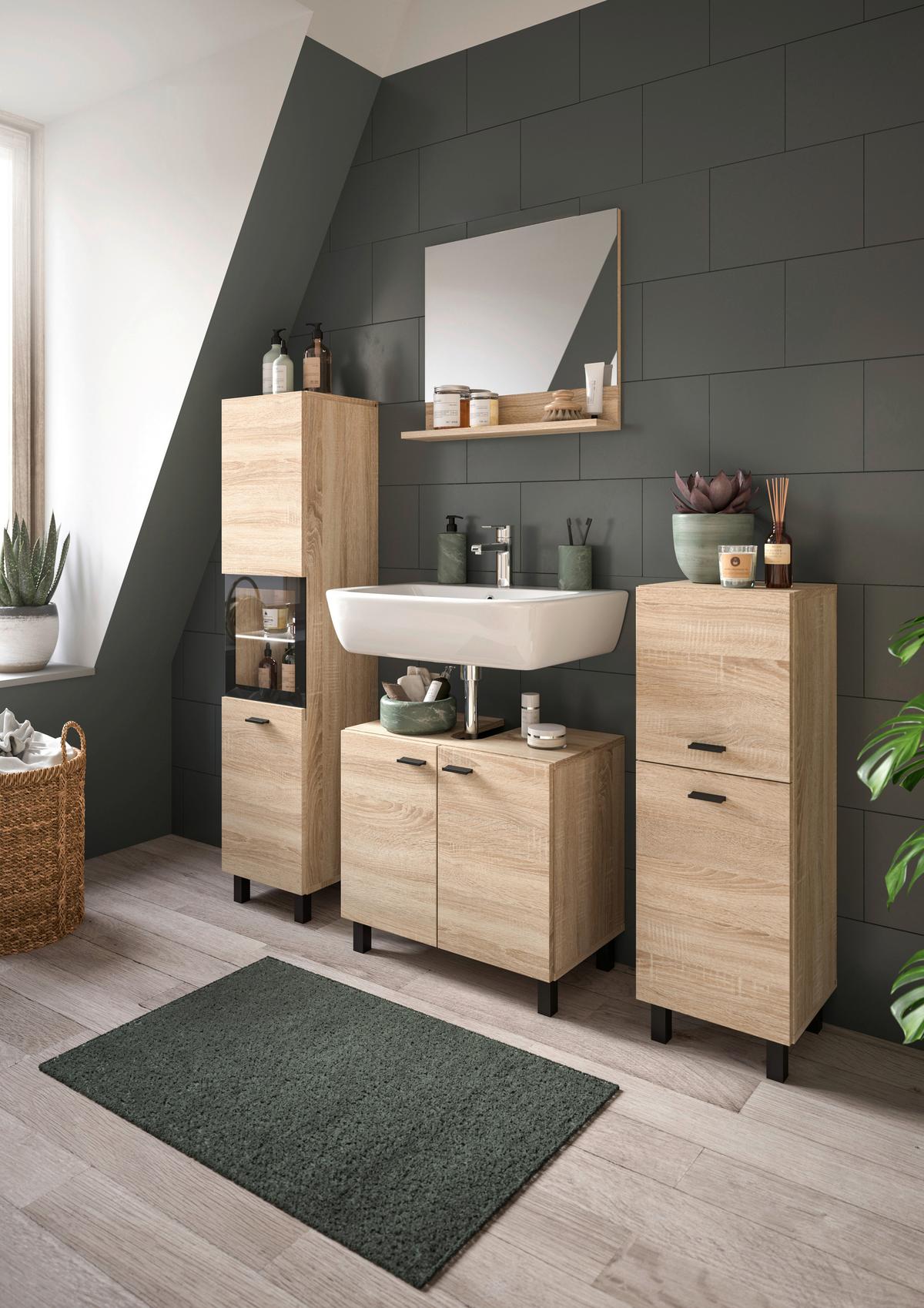 Badezimmer Boston Sonoma Eiche Dekor - Schwarz/Sonoma Eiche, MODERN, Glas/Holzwerkstoff (117cm) - MID.YOU