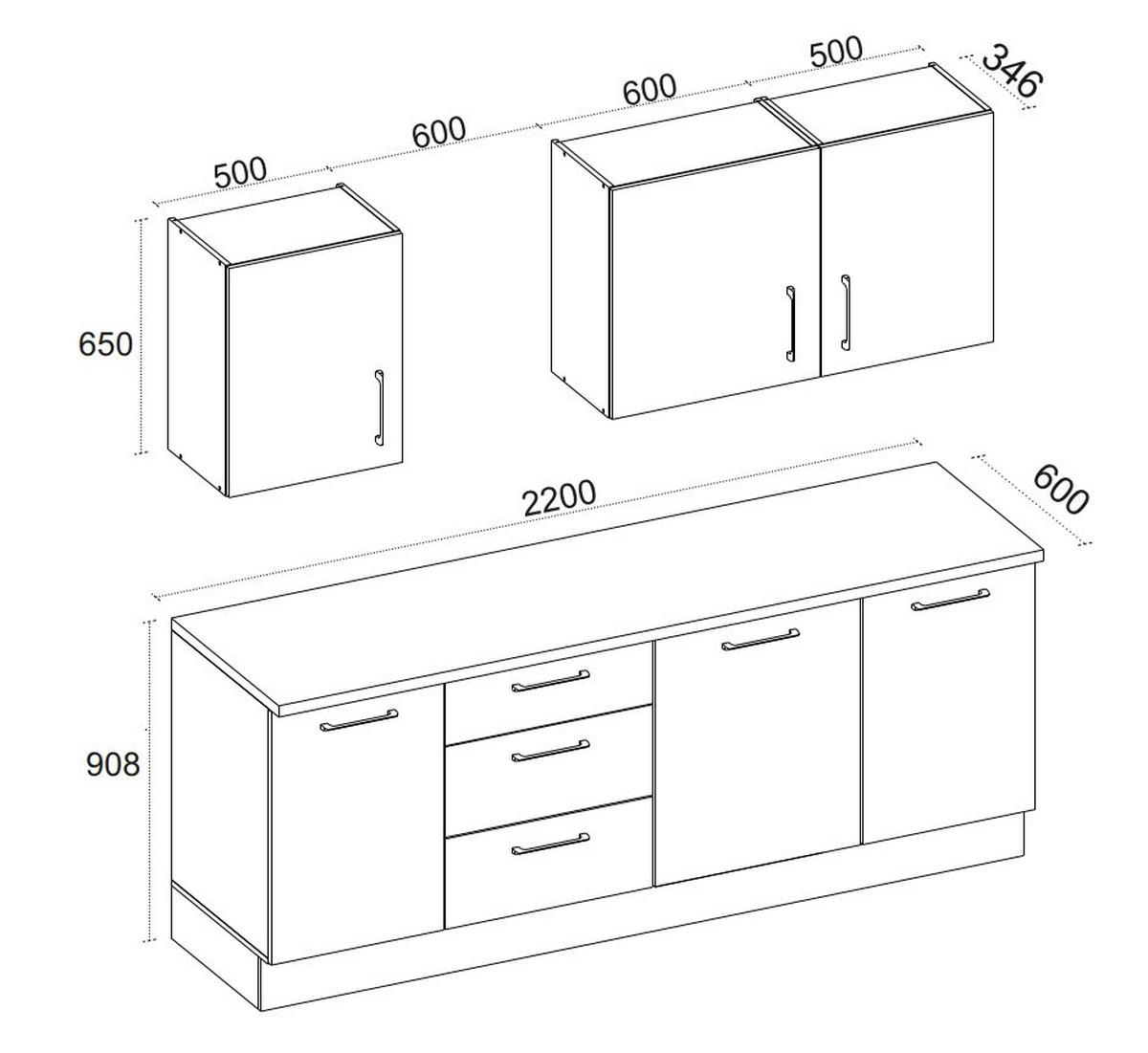 Kuchynský blok LINZ šírka 220 cm, bez spotrebičov - čierna/sivá, Modern, kov/kompozitné drevo (220cm)