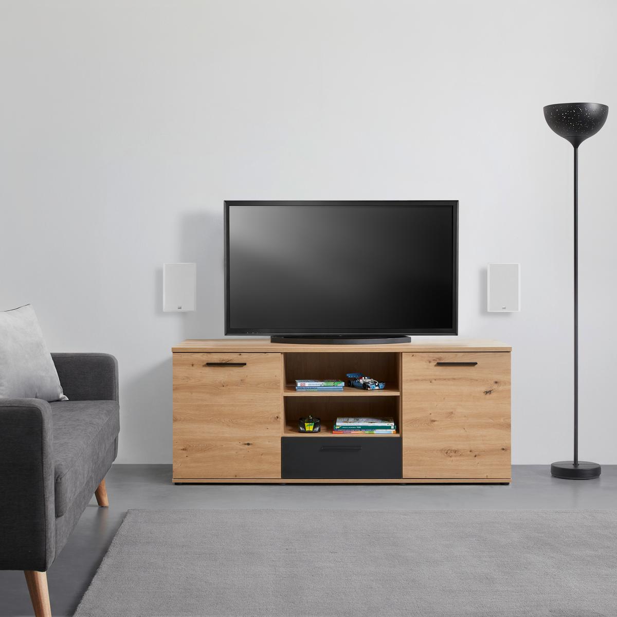 KOMODA POD TELEVIZI RACER-LIGHT - černá/barvy dubu, Konvenční, kov/kompozitní dřevo (154,8/62,2/52,3cm)