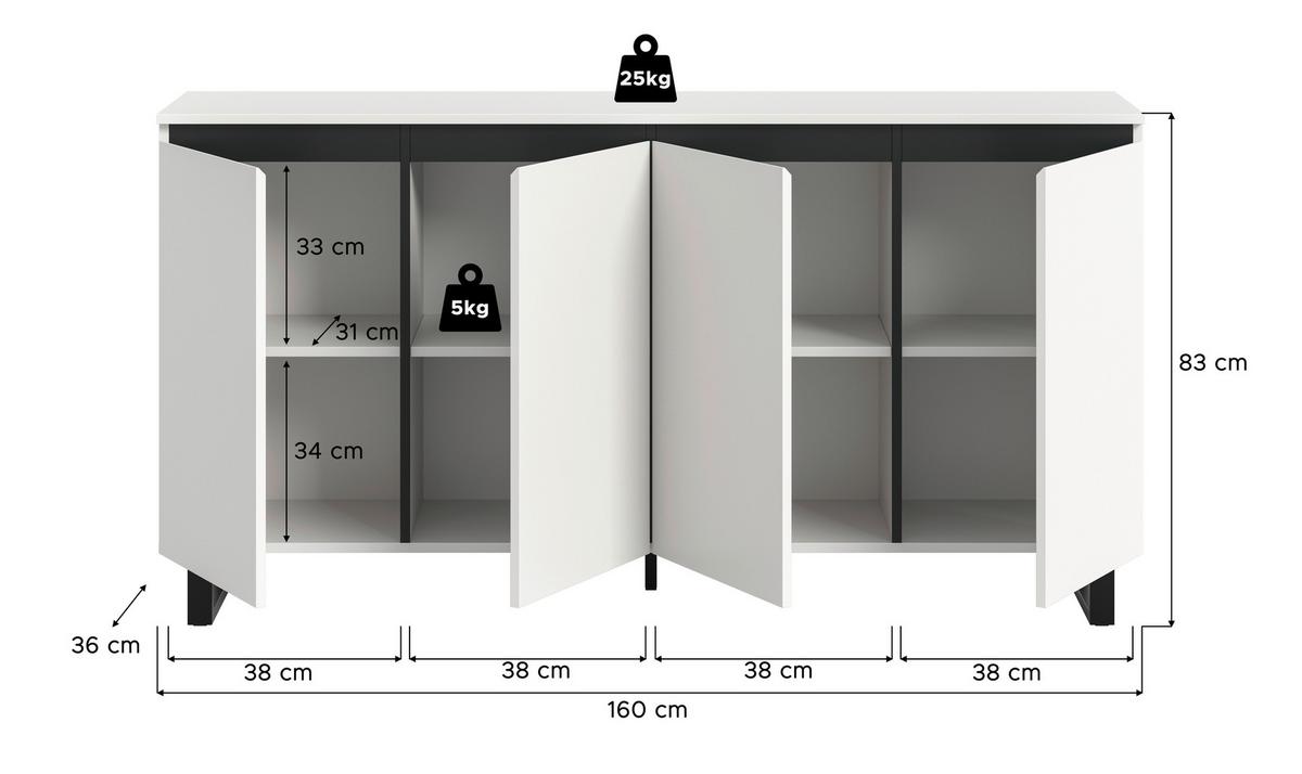Sideboard Tomasa Weiß  B: 160 Cm - Schwarz/Weiß, Design, Holzwerkstoff (160/84/36cm) - Livetastic