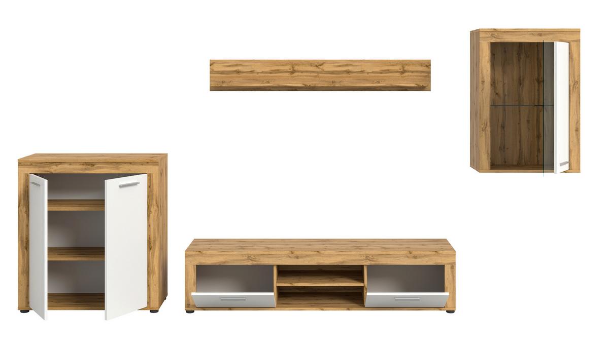 Wohnwand Jam Eiche Wotan Dekor B: 330cm - Silberfarben/Eiche Wotan, Design, Glas/Holzwerkstoff (330/169/35cm) - MID.YOU