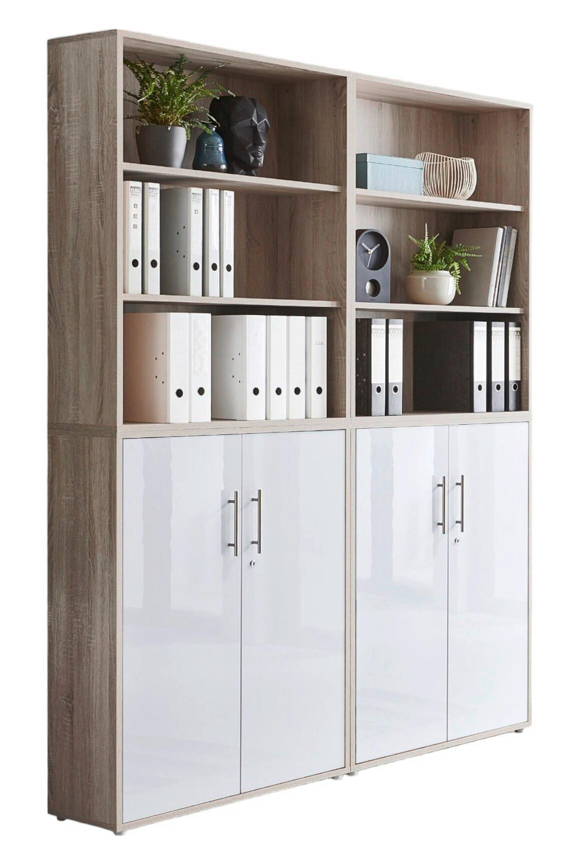 Office Edition B: 168,8 cm Sonoma Eiche/Weiß - Weiß Hochglanz/Sonoma Eiche, MODERN, Holzwerkstoff (168,8/227,2/33cm) - MID.YOU