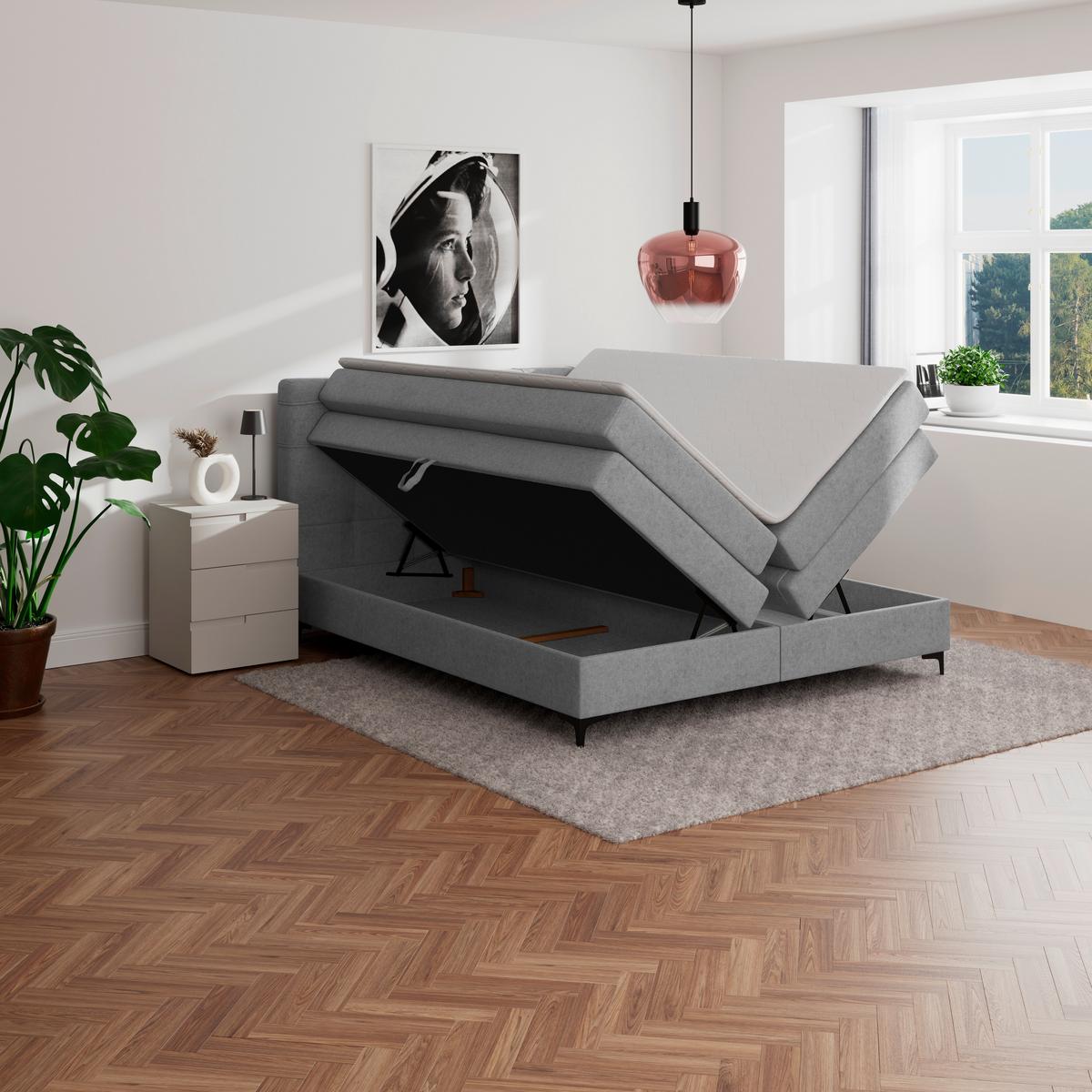 Boxspringbett MITTO Hellgrau 180x200 cm - Hellgrau/Schwarz, KONVENTIONELL, Textil/Metall (180/200cm)