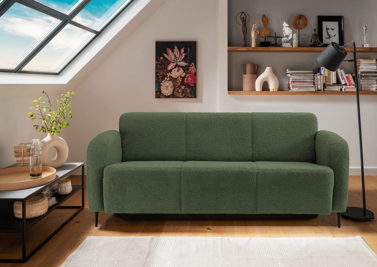 Dreisitzer-Sofa im Retrodesign mit Armlehnen und konischen Metallfüßen in Schwarz