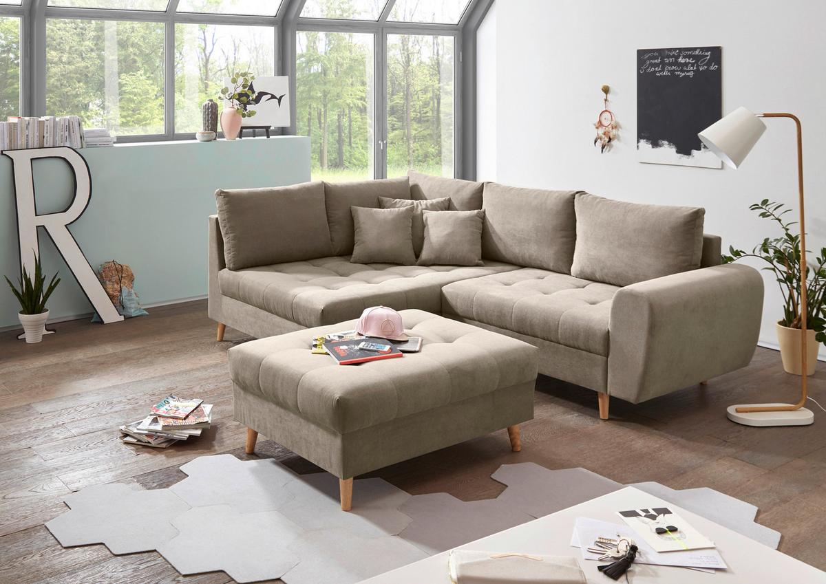 Ecksofa Mit Holzfüßen + Kissen Alice, Webstoff - Sandfarben/Kieferfarben, KONVENTIONELL, Holzwerkstoff/Textil (175/249cm) - MID.YOU