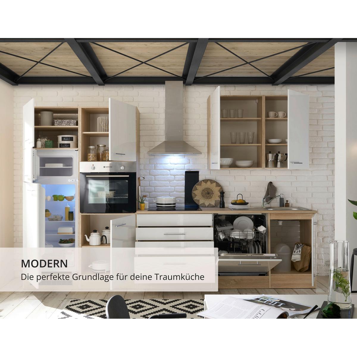 Küchenzeile Laurel ohne Geräte 310 cm Eiche/Weiß Hochglanz - Weiß/Sonoma Eiche, MODERN, Holzwerkstoff (310cm) - MID.YOU