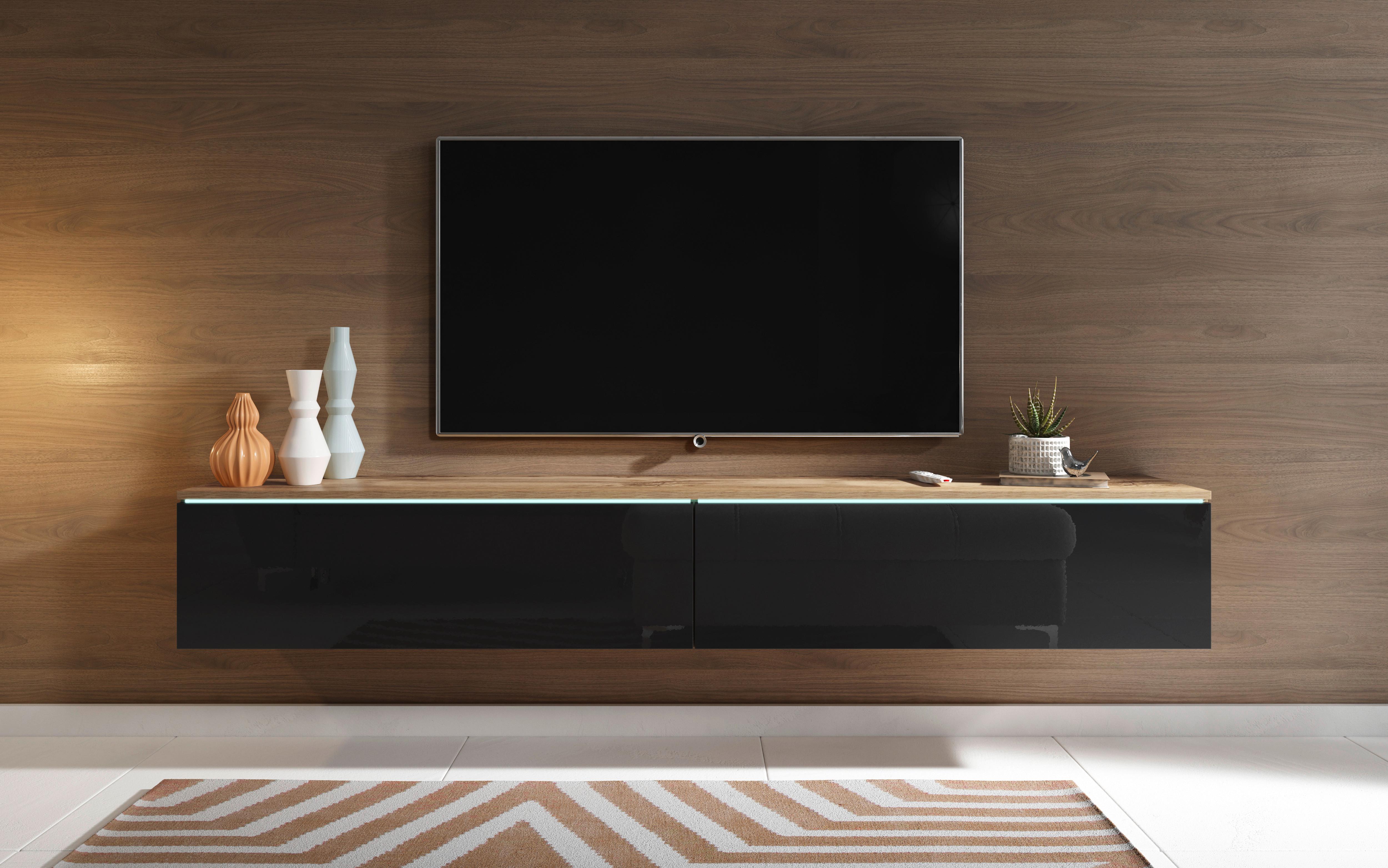 Lowboard B: 180 cm Eiche Wotan Dekor/Schwarz