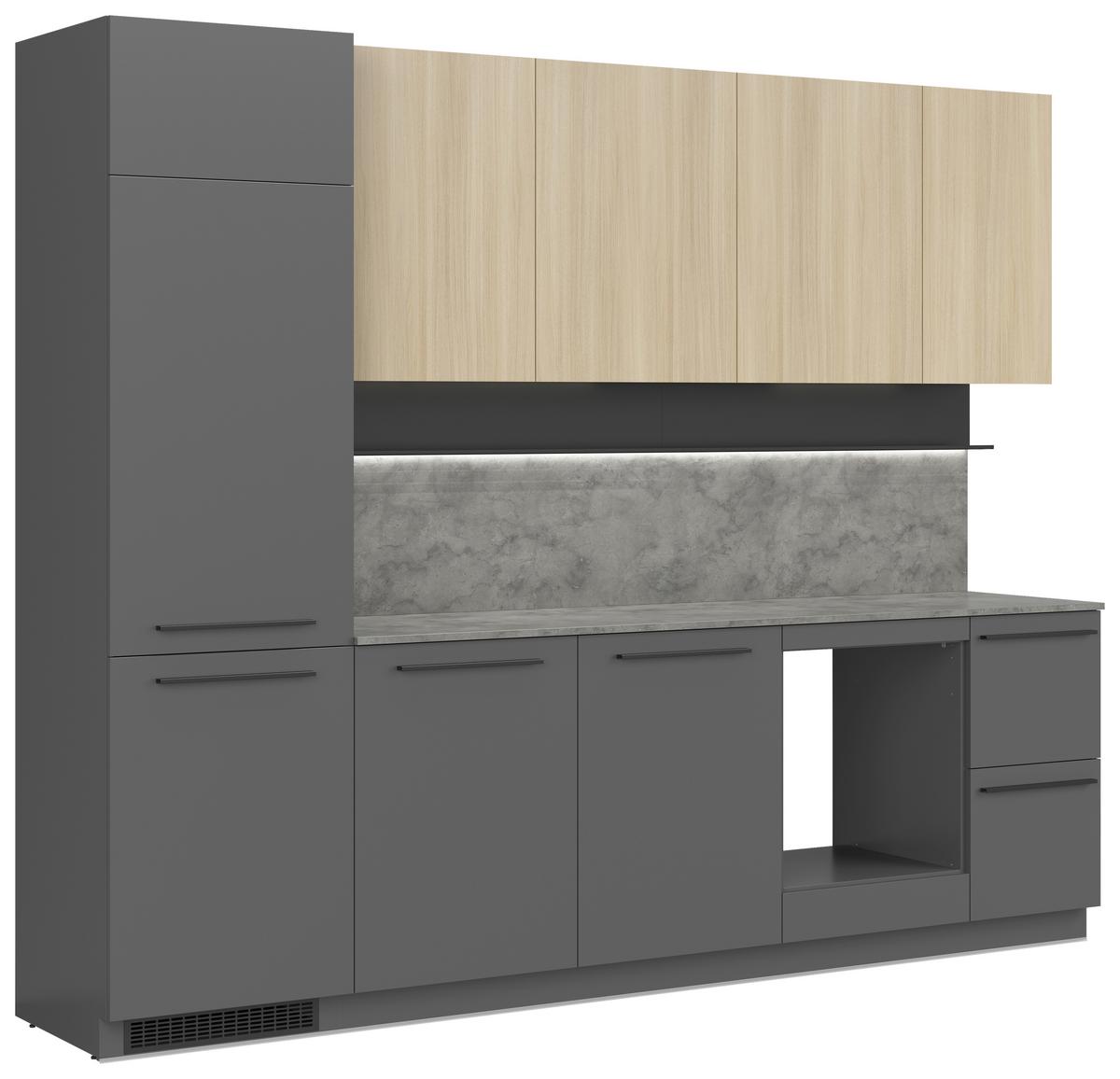 Kuchynská linka MILINO MEDIUM vrát.obkladu a LED regálu - čierna/sivá, Basics, kompozitné drevo/plast (285cm) - Visiona