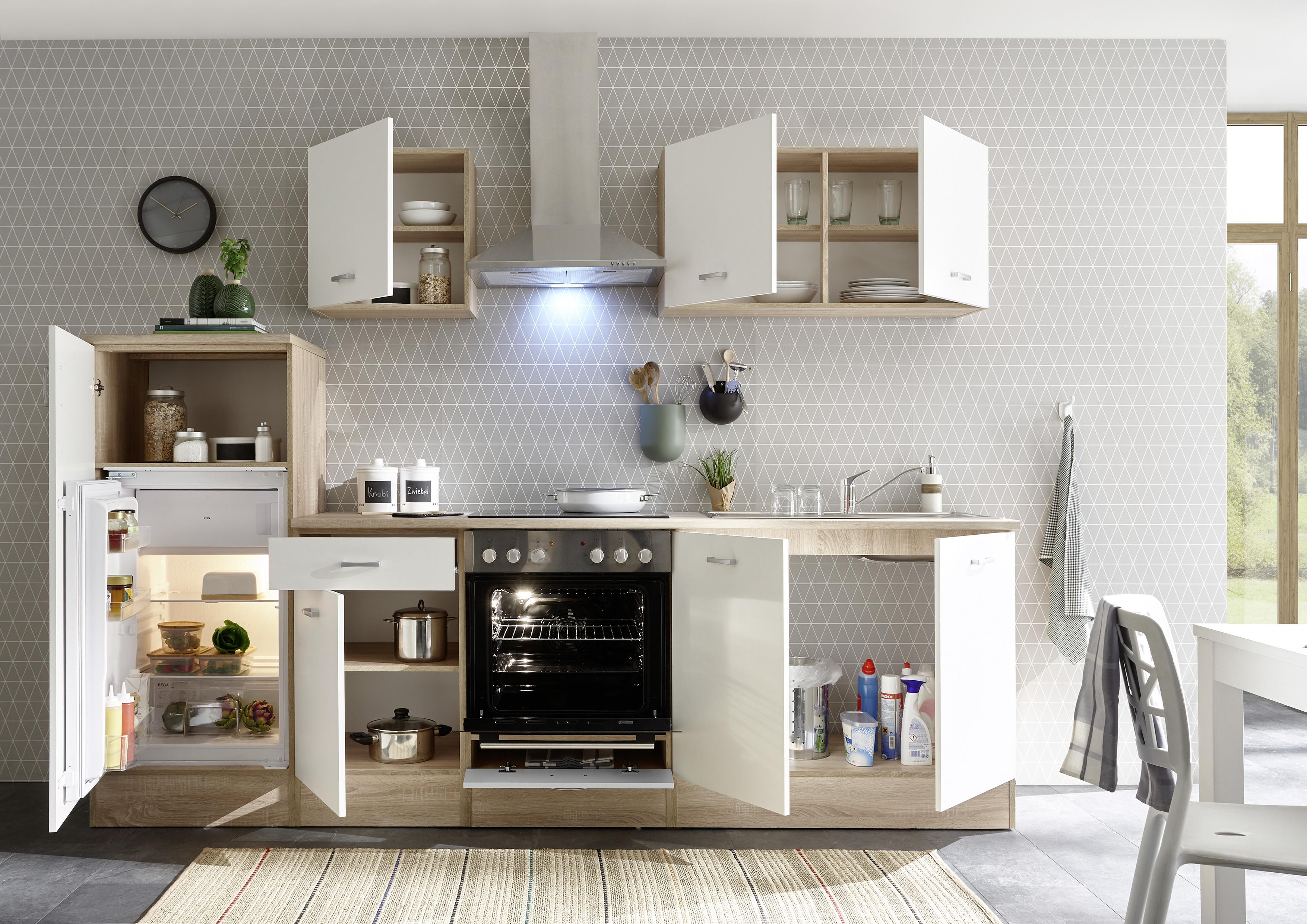 Küchenzeile Andy mit Geräten 270 cm Weiß/Eiche Dekor Modern - Weiß/Sonoma Eiche, Basics, Holzwerkstoff (270cm) - MID.YOU