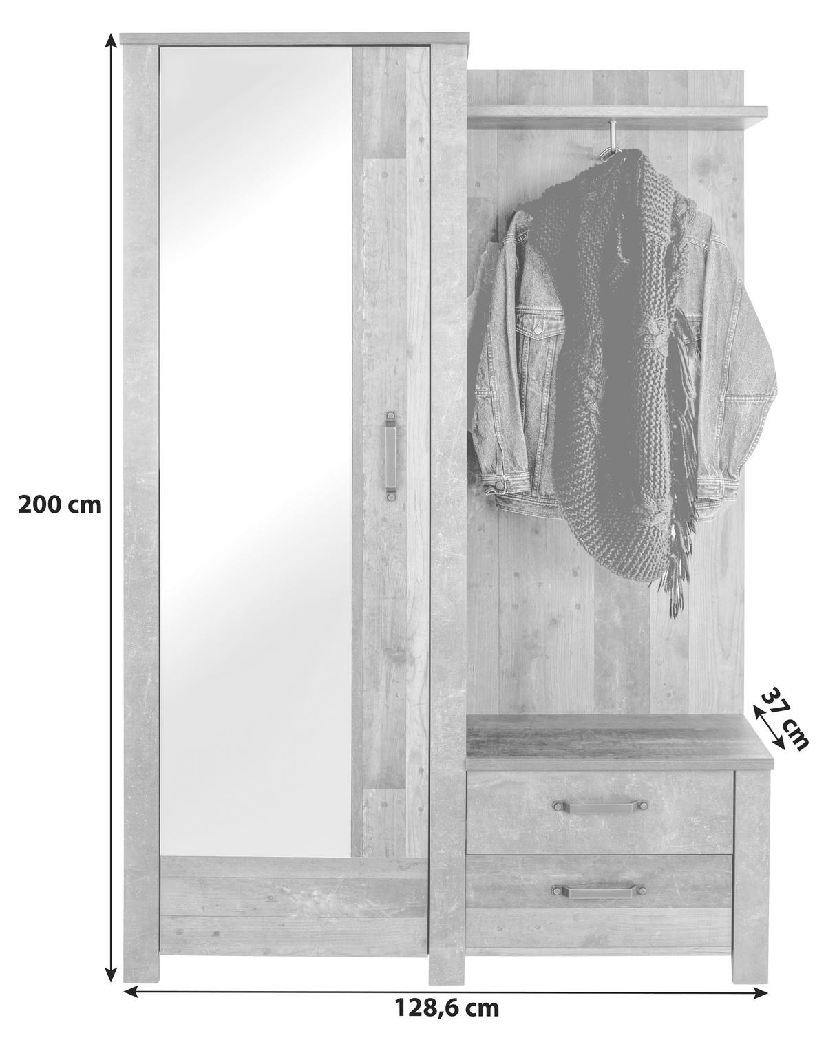 Garderobe Ontario Old Style/ Beton B: 128,6 Cm Mit Spiegel - Eichefarben/Grau, Trend, Glas/Holzwerkstoff (128,5/200/37cm) - Ondega