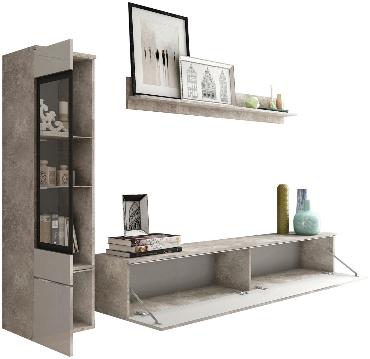 Obývaccí stěna VERA beton/bílá VL - šedá/vysoce lesklá bílá, Lifestyle, kompozitní dřevo/plast (210/130/33cm) - P & B
