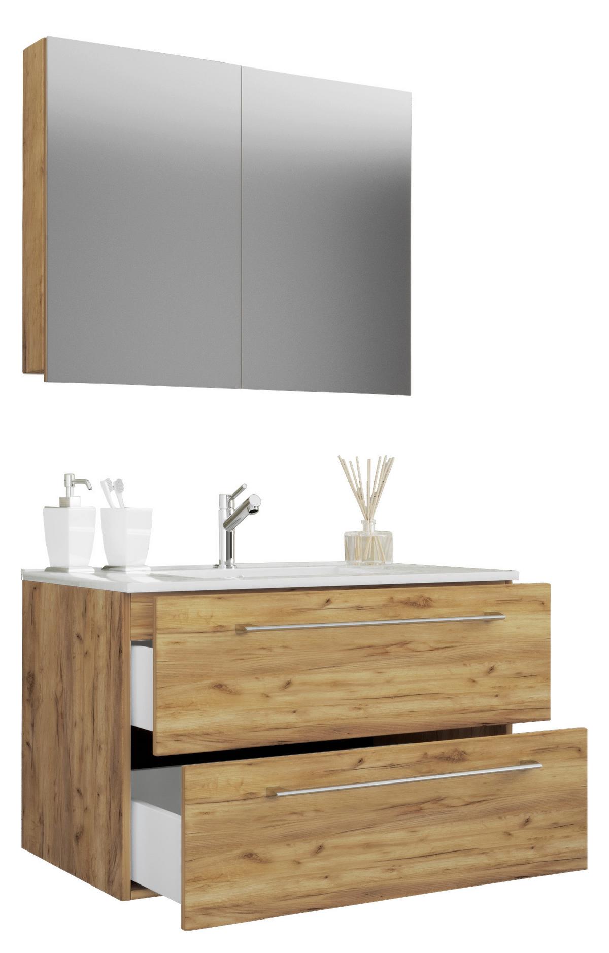 Badezimmer Badinos 3-Teilig Honigeiche B: 80 cm - Honigeiche/Weiß, MODERN, Keramik/Holzwerkstoff (80cm) - MID.YOU