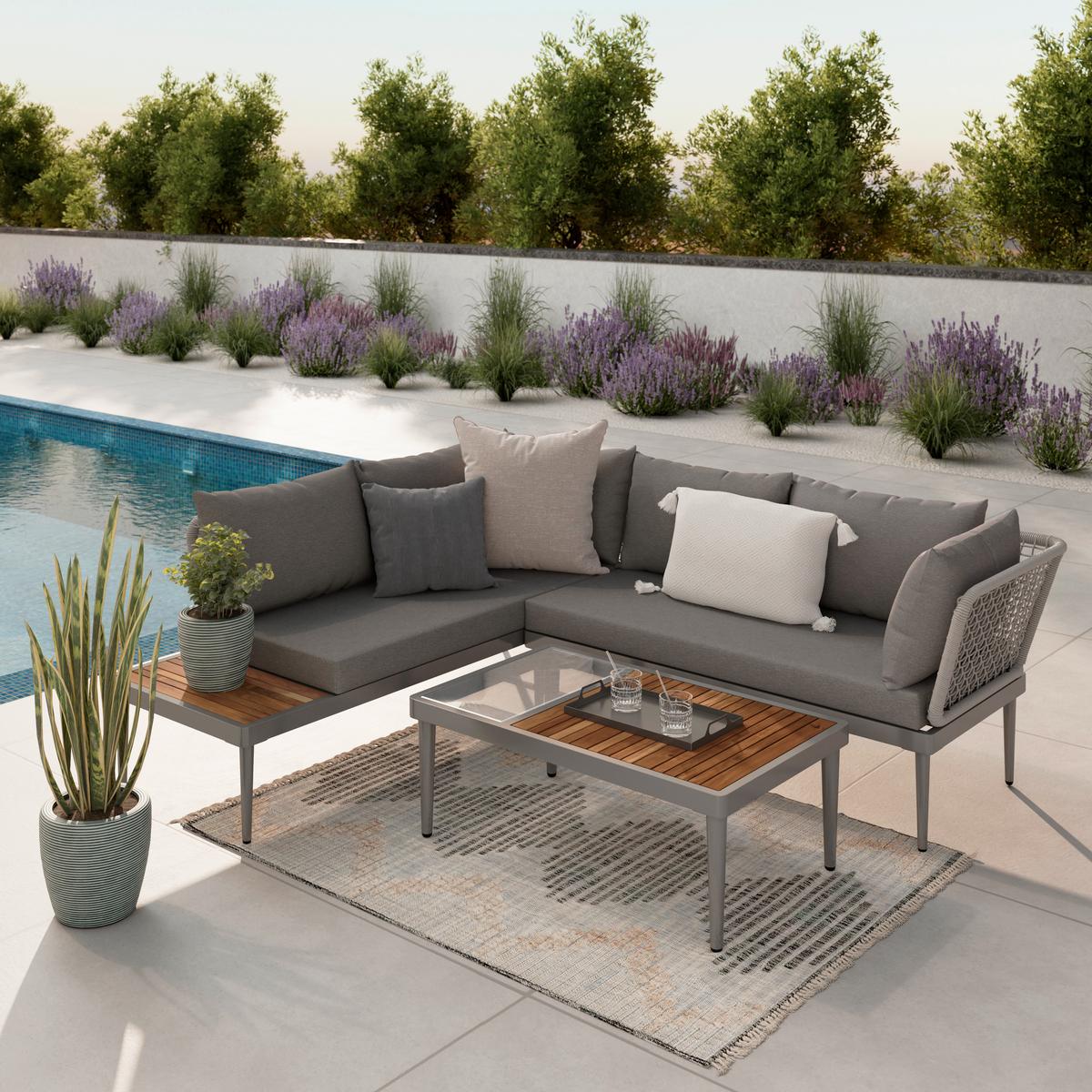 TERASOVÁ SEDACIA SÚPRAVA SUNNY - sivá/farba tíku, Modern, kov/drevo (186/73/76cm) - Mömax