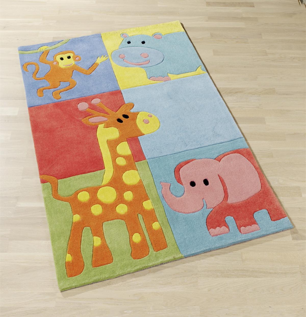 Kindertepppich Tiere/Karo Multicolor 80x150 cm - Blau/Gelb, Trend, Textil (80/150cm)