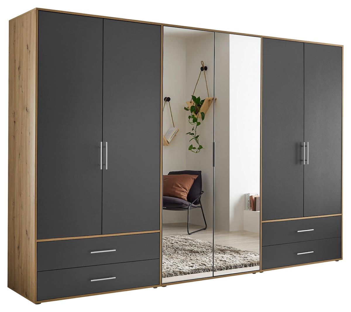 Kleiderschrank Velas, Eiche Artisan, Graphit , B: 302 Cm - Graphitfarben/Eiche Artisan, KONVENTIONELL, Glas/Holzwerkstoff (305/207/58cm)