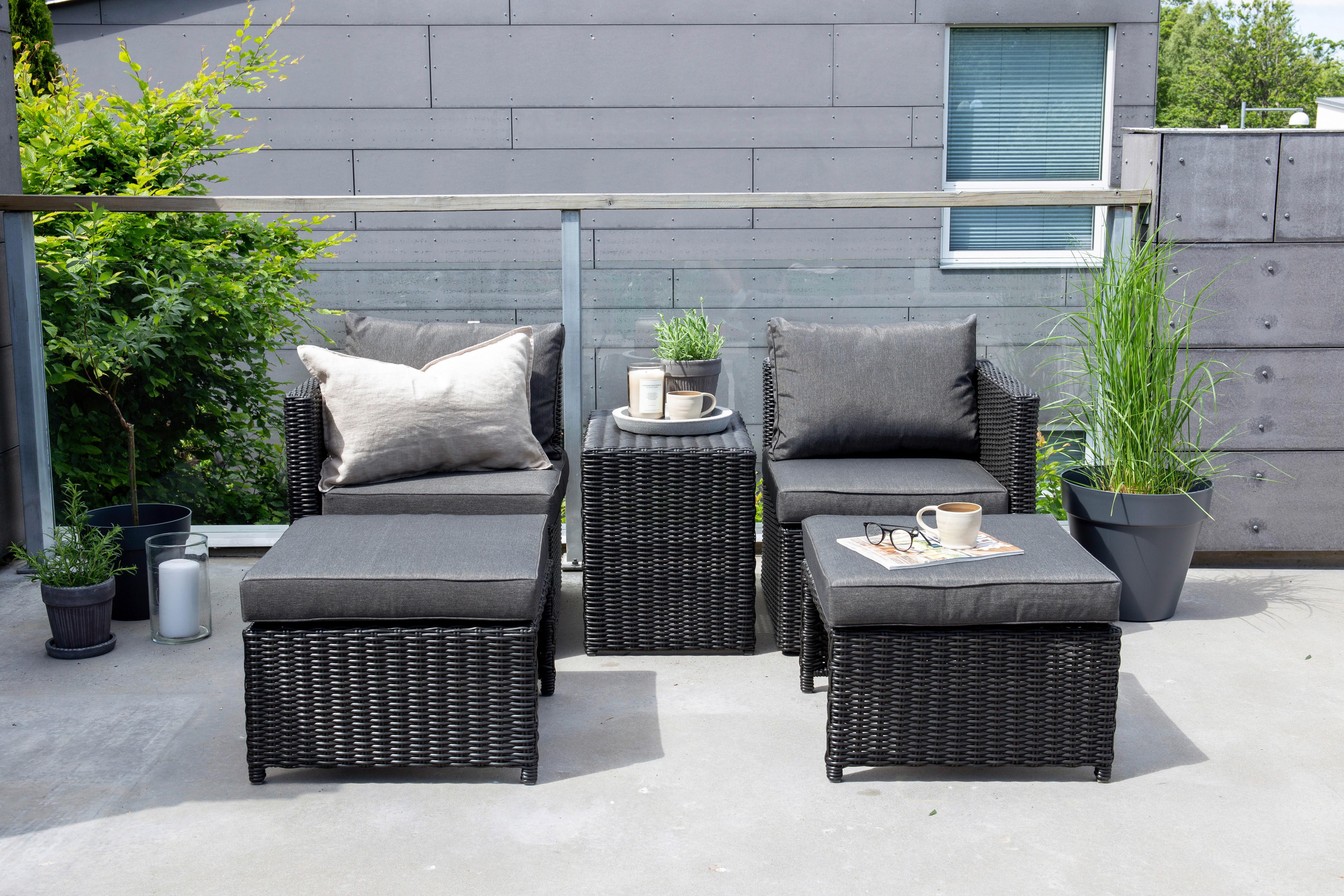 Gartenmöbel Set 5-Tlg. Quad Kunststoffgeflecht mit Kissen - Schwarz/Grau, KONVENTIONELL, Kunststoff/Metall - Gardenson