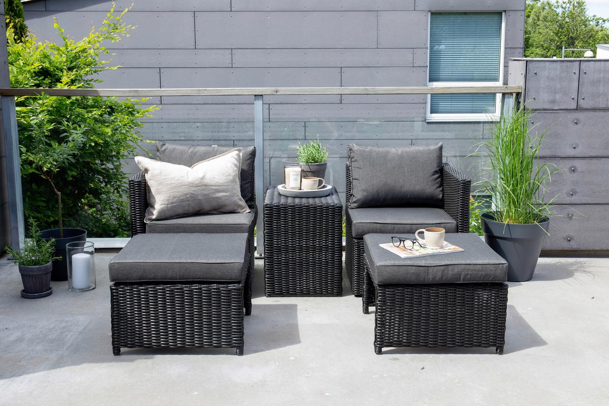Gartenmöbel Set 5-Tlg. Quad Kunststoffgeflecht mit Kissen - Schwarz/Grau, KONVENTIONELL, Kunststoff/Metall - Gardenson