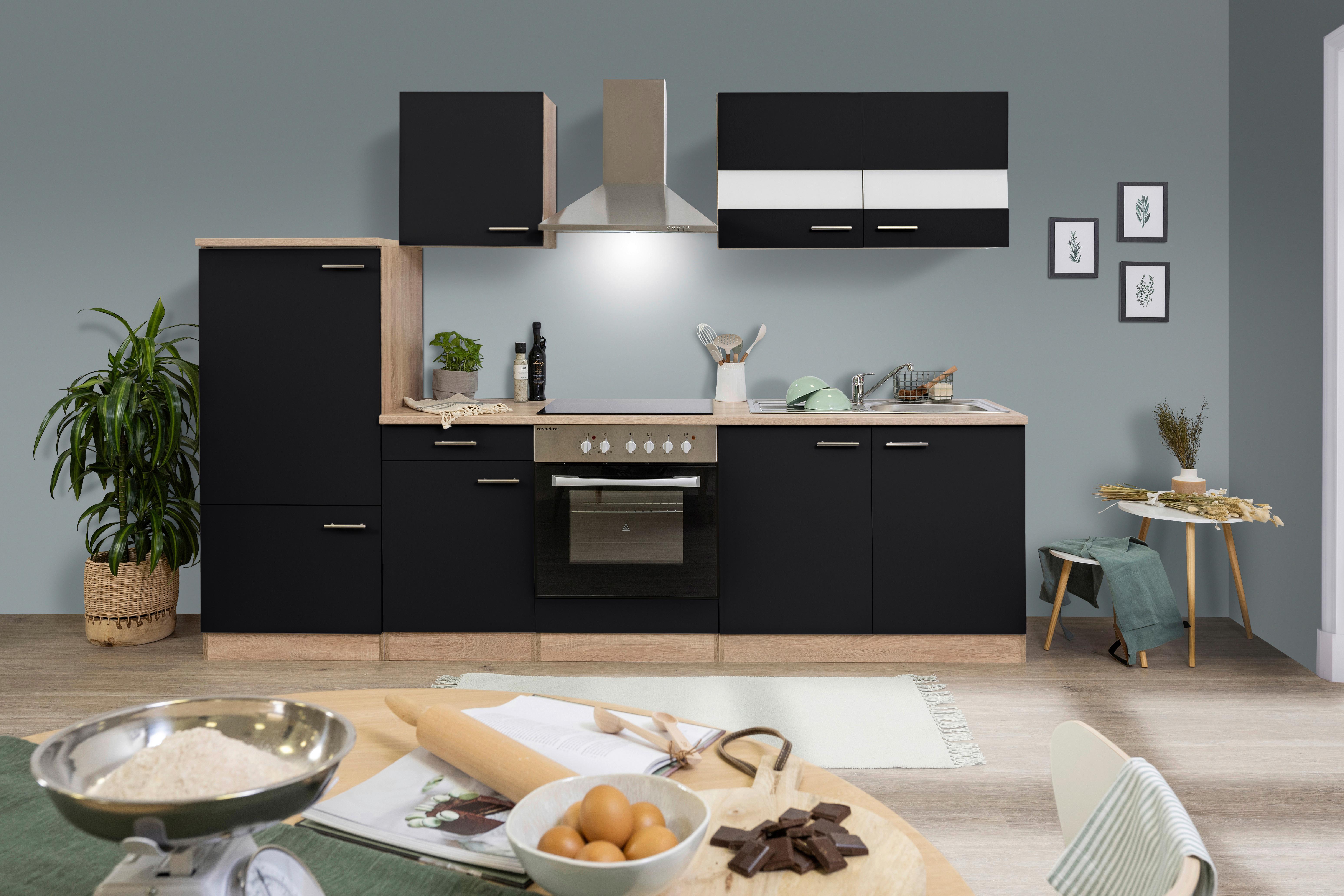 Küchenzeile ohne Geräte B: 270 cm Schwarz/Eiche Dekor - Eichefarben/Schwarz, Basics, Holzwerkstoff (270cm) - Respekta