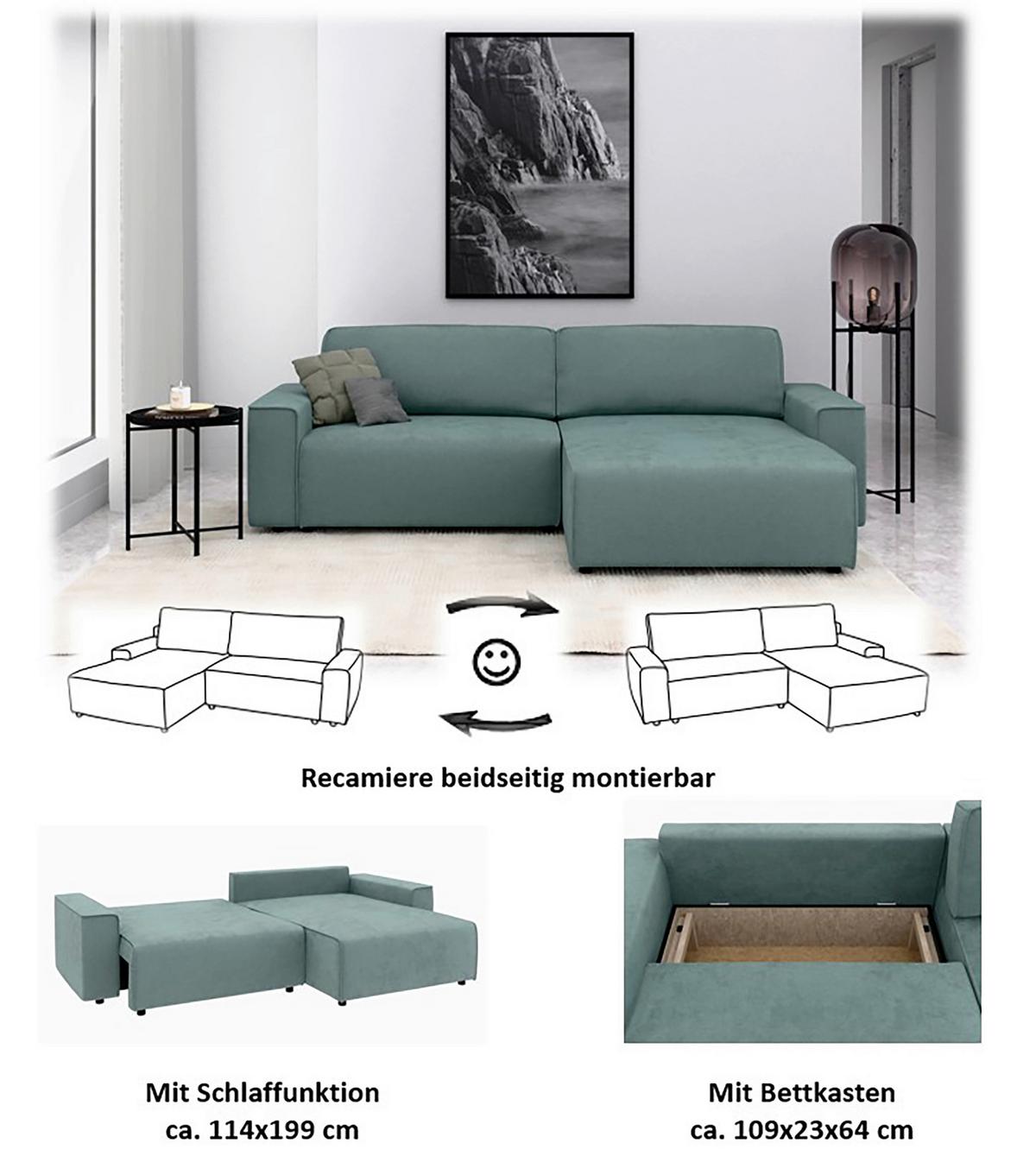 Ecksofa Chance Mintgrau, S: 265x164 cm - Mintgrau/Schwarz, MODERN, Textil (265/164cm) - Trendmanufaktur