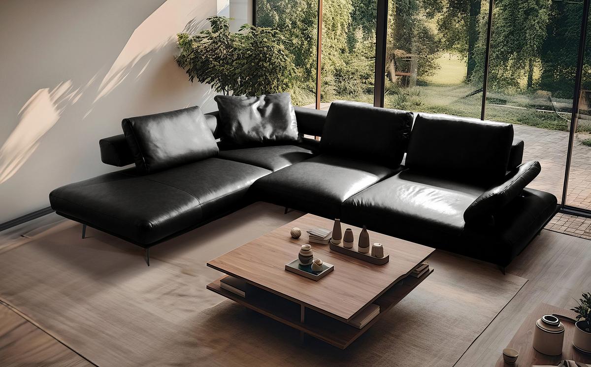 Ecksofa Como Echtleder Schwarz 237x306 - Schwarz/Grau, Design, Leder (237/306cm) - Livetastic