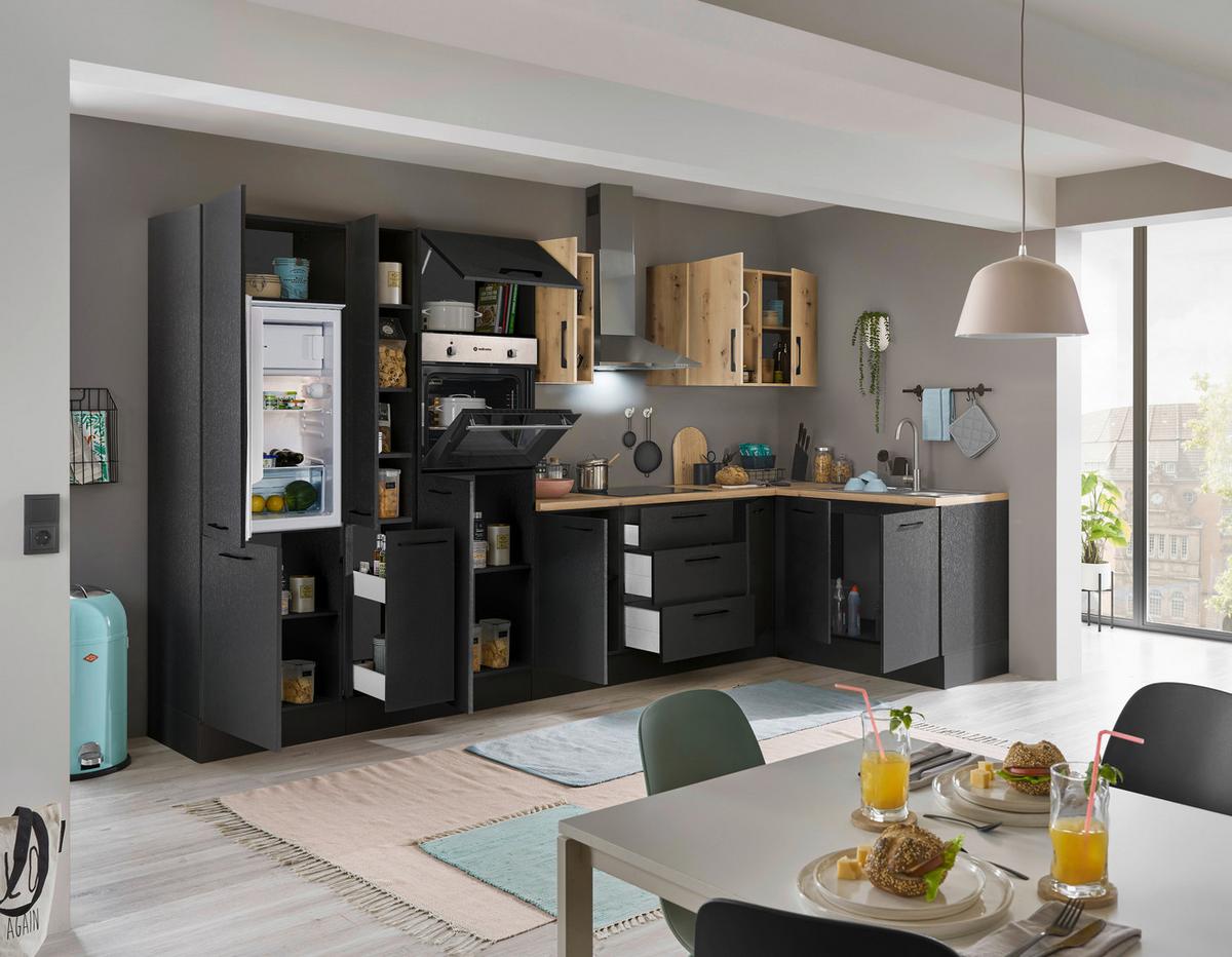 Eckküche Turin Schwarz/Eiche Dekor 360x125 cm - Schwarz/Eiche Artisan, Basics, Holzwerkstoff (360/125cm) - MID.YOU