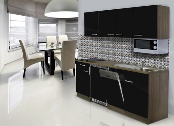 Praktische Küchenzeile mit schwarzen Fronten und Korpus in Eiche Dekor Praktische Küchenzeile mit schwarzen Fronten und Korpus in Eiche Dekor