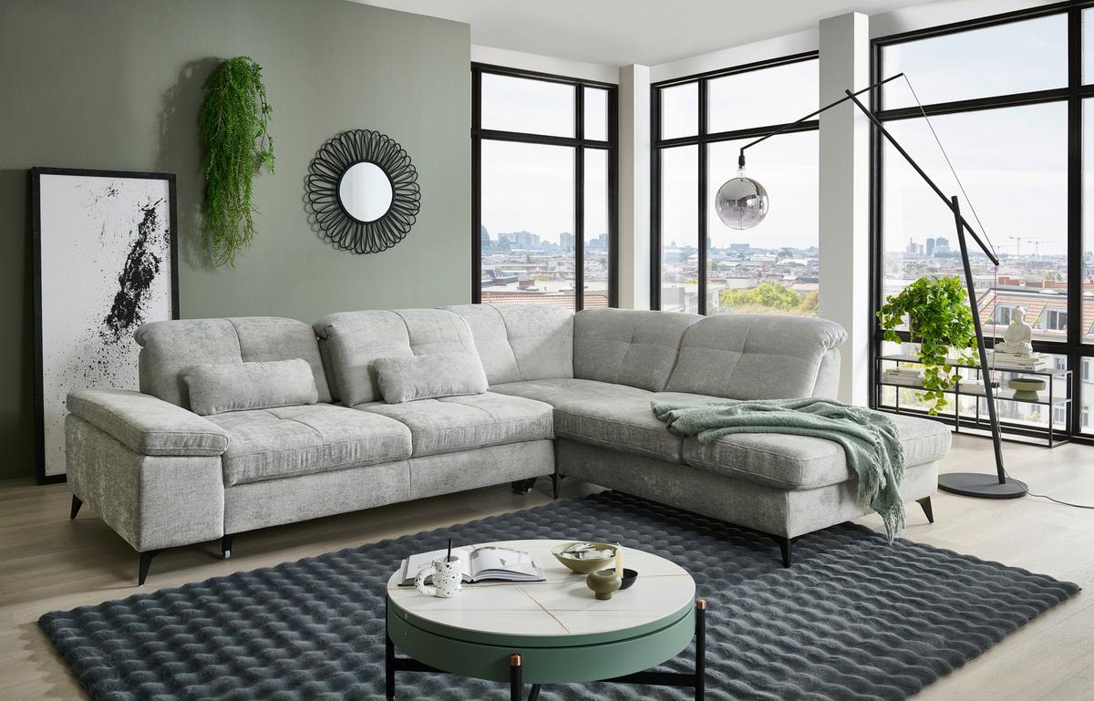 Sedačka SORENA L, pravá, sv.šedá žinylka, s funkcemi - černá/světle šedá, Moderní, kov/textil (311/255cm) - Premium Living