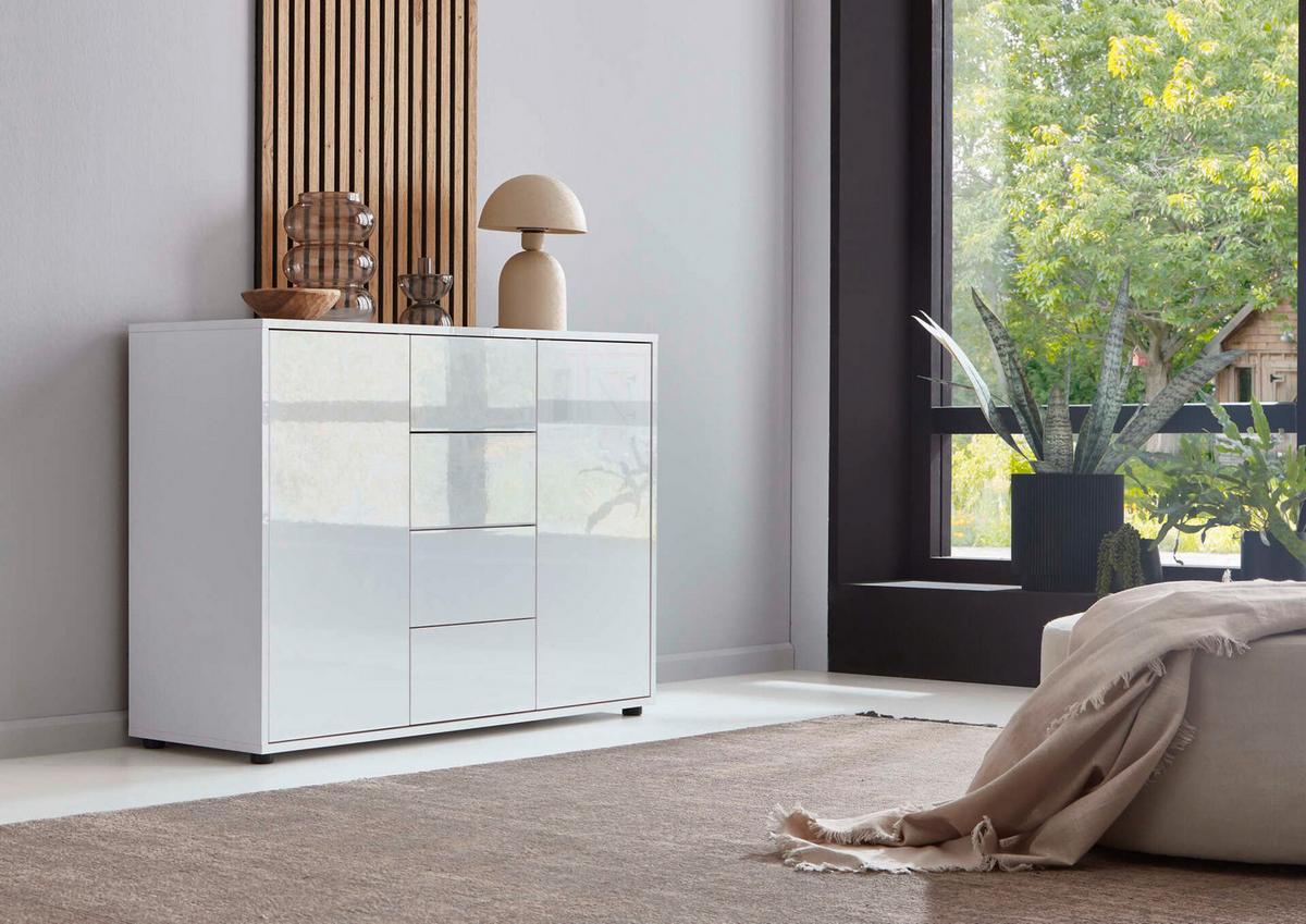 Sideboard Mailand Weiß Hochglanz B: 211 cm - Weiß Hochglanz/Schwarz, MODERN, Holzwerkstoff (184,5/73/33cm) - MID.YOU