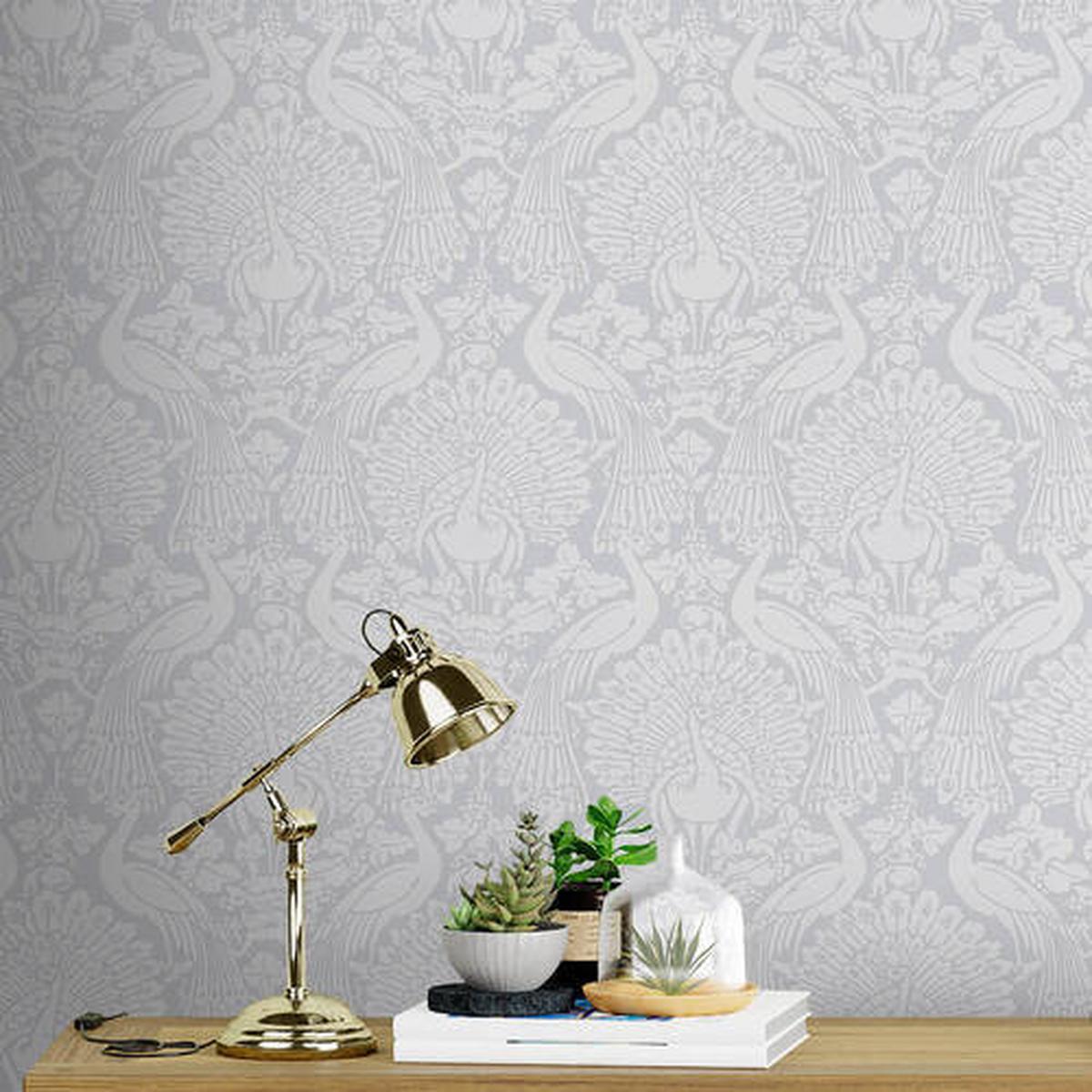 Vliestapete Peacock Damask - Grau, Basics, Papier/Kunststoff (52/1000cm)
