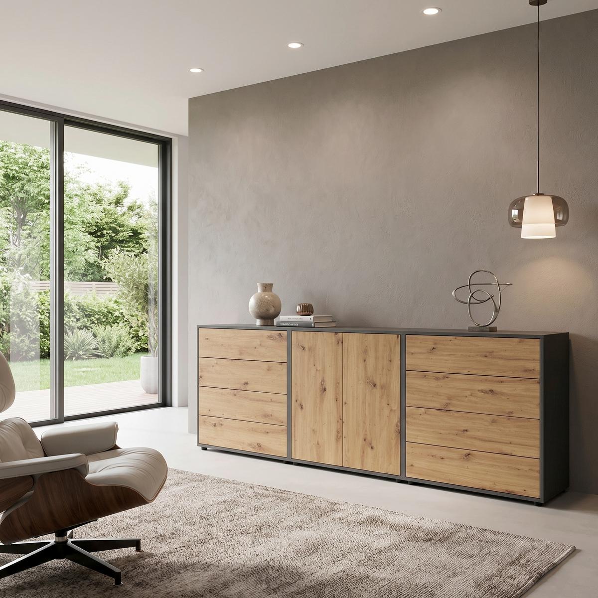 SIDEBOARD Mailand4B:237cmEiche Artisan - Anthrazit/Schwarz, MODERN, Holzwerkstoff (237/73/33cm) - MID.YOU