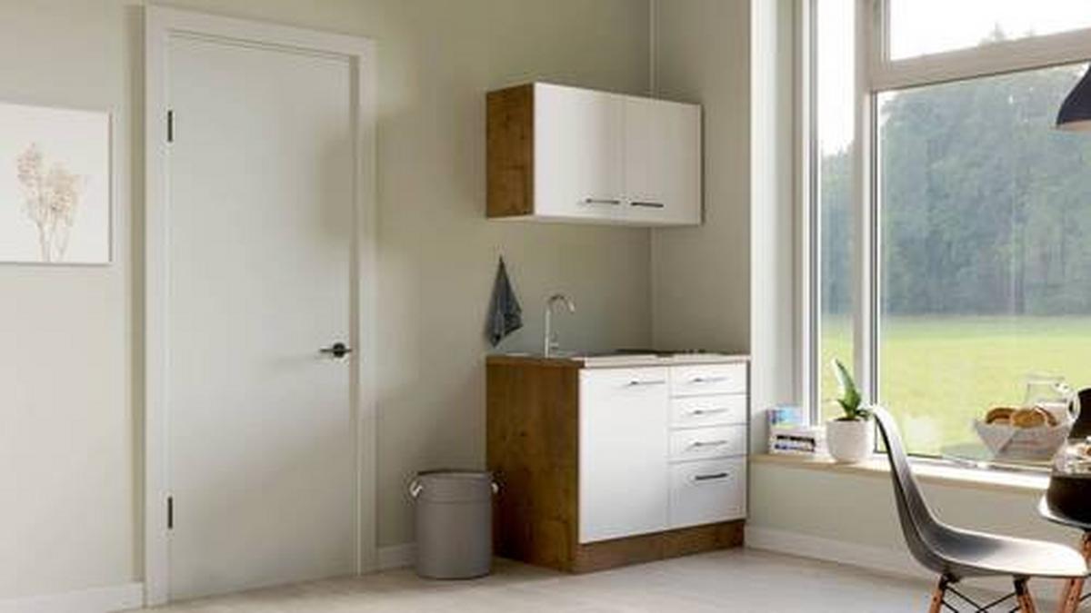 Minikuchyňa AVILA, šírka 100cm vrátane drezu a varnej dosky - čierna/magnóliová, Modern, kov/kompozitné drevo (100cm) - FlexWell