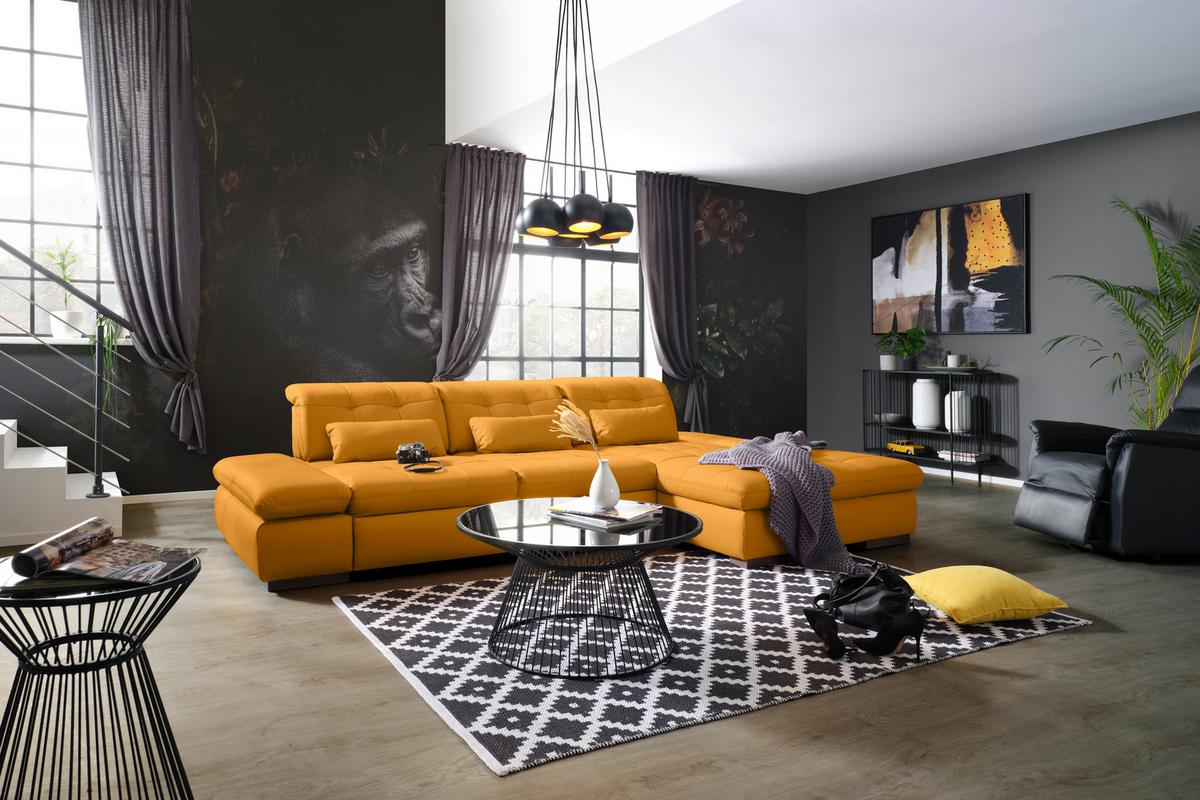 Rohová sedačka SANFINO, pravá, žlutá pravá kůže - barvy chromu/žlutá, Konvenční, kov/kůže (305/199cm) - Premium Living