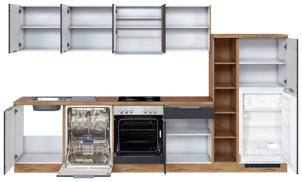 Küchenzeile Florenz mit Geräte B: 330 cm Grau/Eiche Dekor - Eiche Wotan/Grau, Design, Holzwerkstoff (330cm) - Held