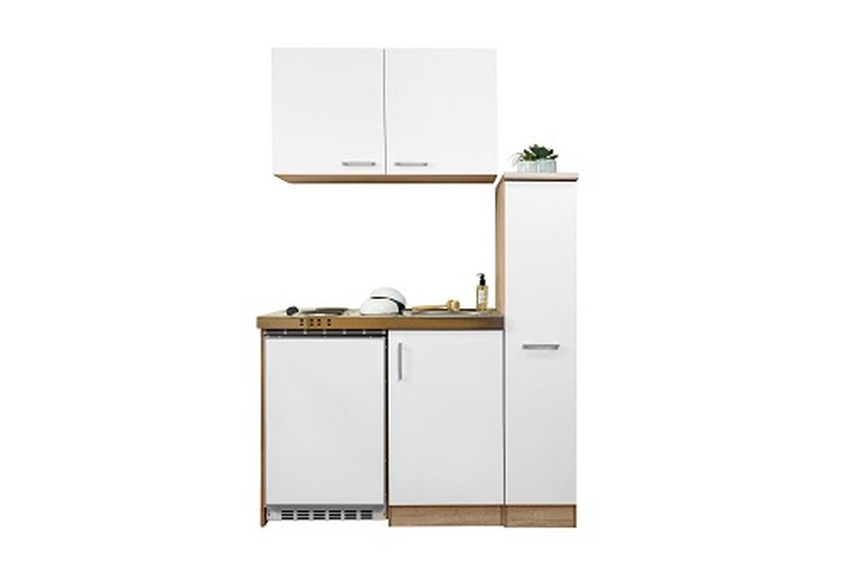 Miniküche M. Kühlschrank + Kochfeld 130 Cm Weiß/eiche - Edelstahlfarben/Eichefarben, MODERN, Holzwerkstoff/Metall (130cm) - Respekta