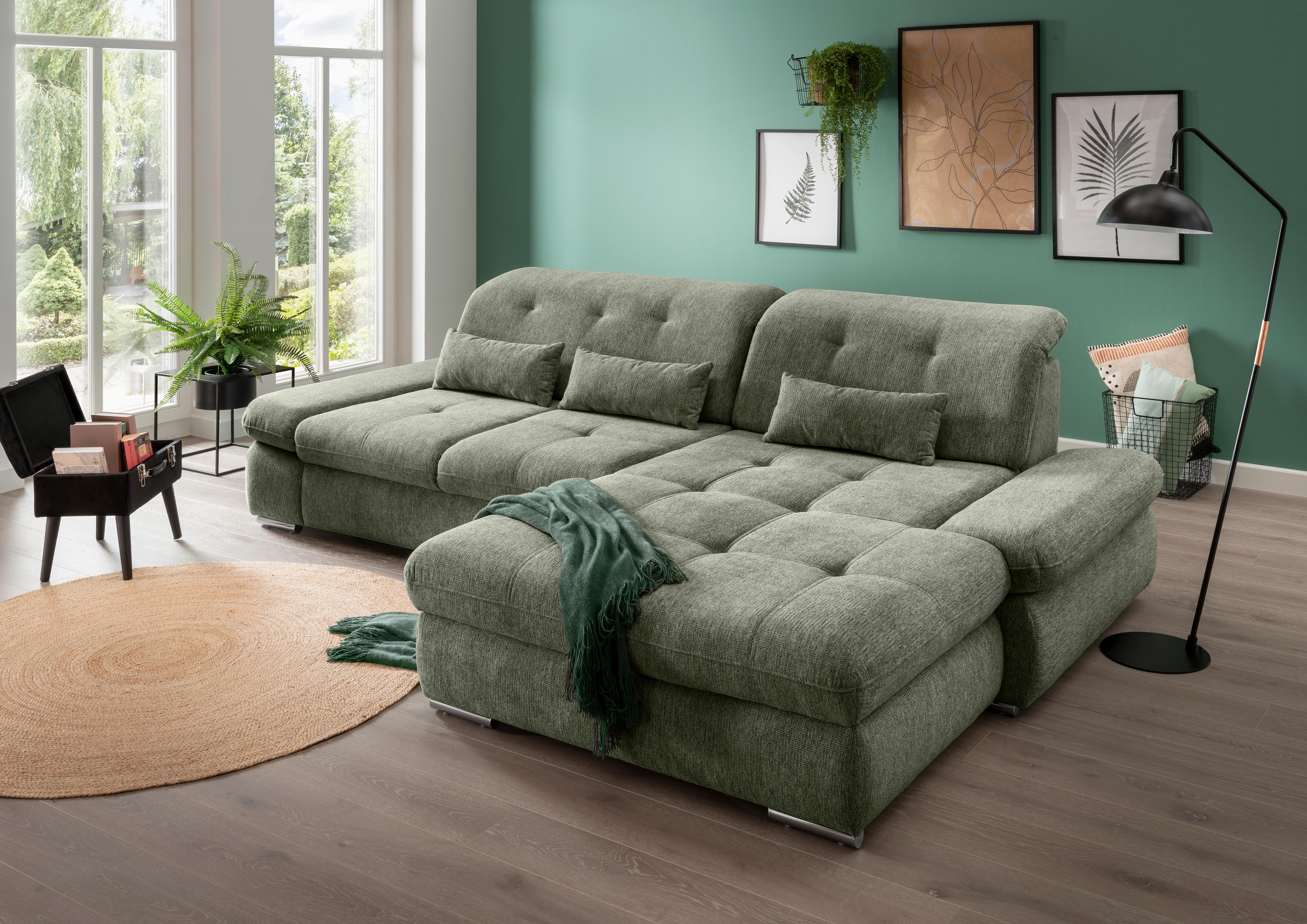 Ecksofa mit Liegefunktion Dalida Dunkelgrün,s:300x196 cm - Chromfarben/Dunkelgrün, Design, Textil (300/196cm) - Livetastic