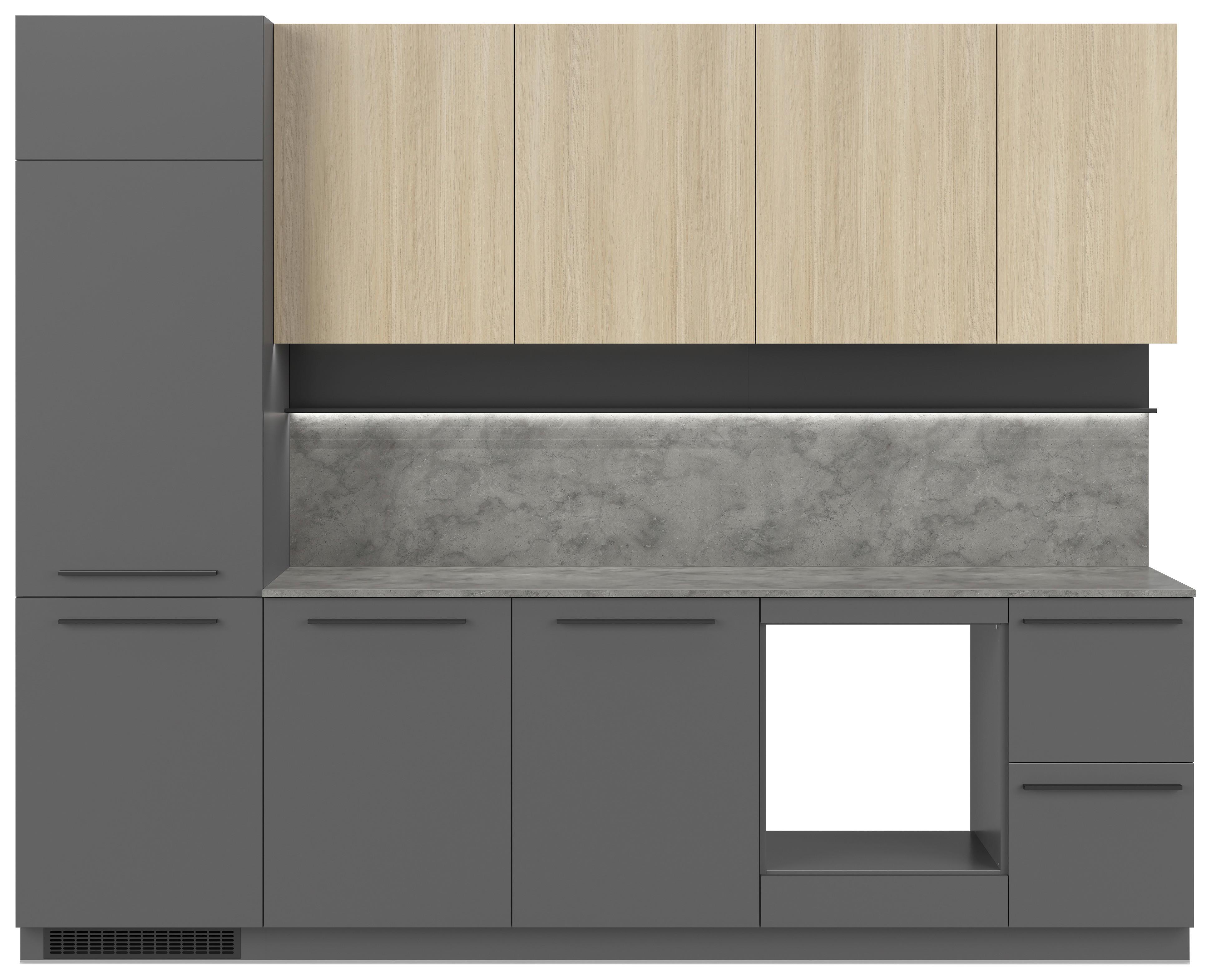 Kuchynská linka MILINO MEDIUM vrát.obkladu a LED regálu - čierna/sivá, Basics, kompozitné drevo/plast (285cm) - Visiona