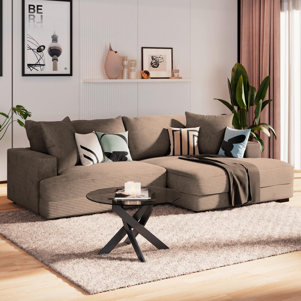 Ecksofa Pelle m. Kissen beigebraun Cord 265x180cm - Beigebraun/Schwarz, MODERN, Textil (265/180cm)